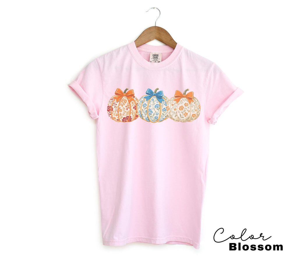 Preppy Floral Pumpkin Shirt Pumpkin Season T-Shirt, Coquette Bow, Autumn Fall Shirt, Thanksgiving Shirt, Fall Pumpkin Comfort Colors Shirt