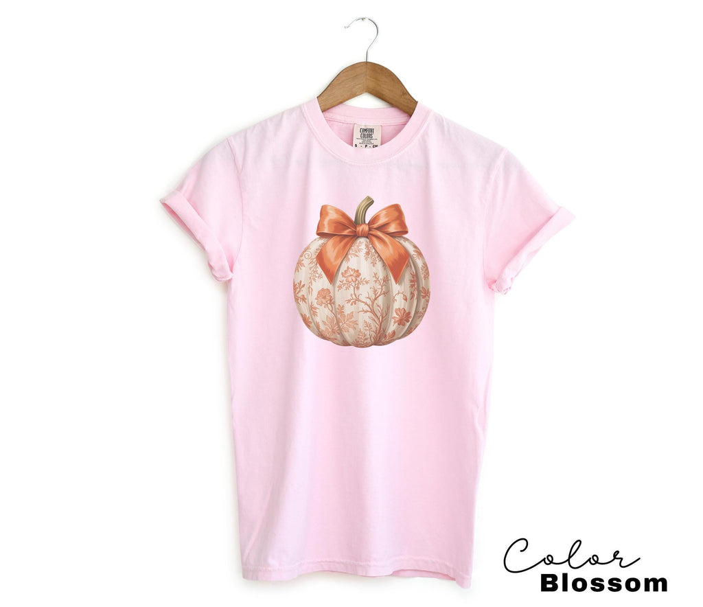 Preppy Floral Pumpkin Shirt Pumpkin Season T-Shirt, Coquette Bow, Autumn Fall Shirt, Thanksgiving Shirt, Fall Pumpkin Comfort Colors Shirt