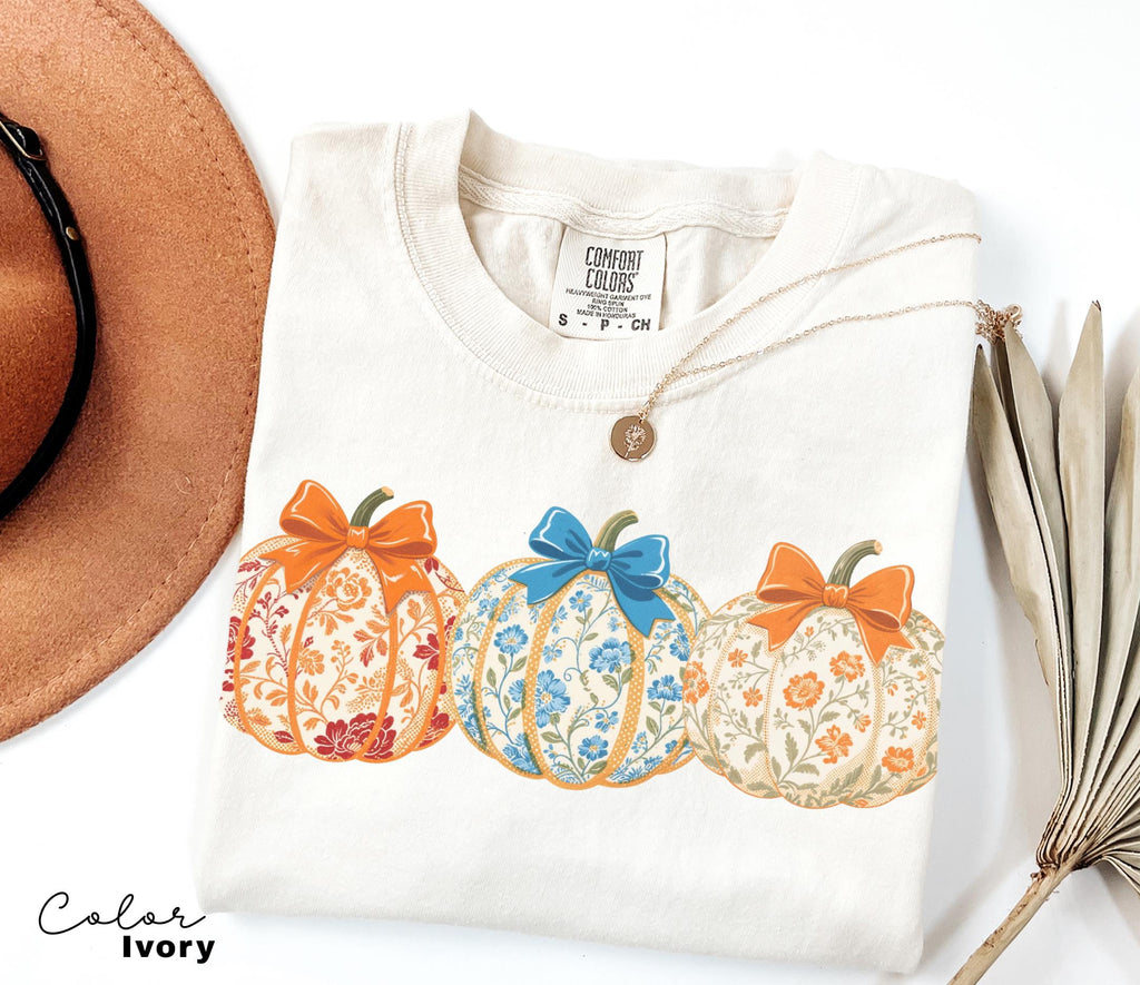 Preppy Floral Pumpkin Shirt Pumpkin Season T-Shirt, Coquette Bow, Autumn Fall Shirt, Thanksgiving Shirt, Fall Pumpkin Comfort Colors Shirt
