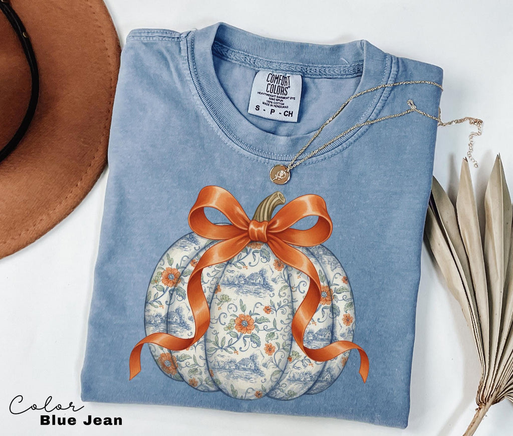 Preppy Floral Pumpkin Shirt Pumpkin Season T-Shirt, Coquette Bow, Autumn Fall Shirt, Thanksgiving Shirt, Fall Pumpkin Comfort Colors Shirt