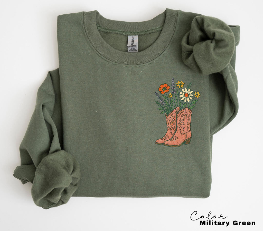 Cowgirl Boots Wildflowers Sweatshirt, Retro Western, Country Girl Sweatshirt, Rodeo Outfit, Gift for Her, Country Farm Crewneck, Floral
