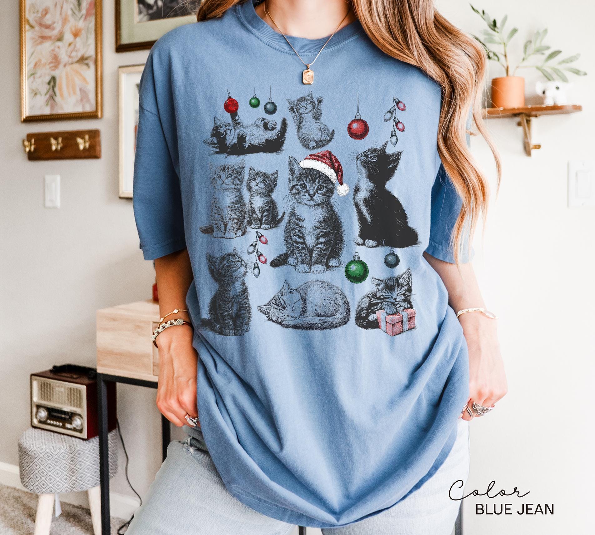 Christmas Cat Shirt 90s Tattoo Style, Retro Comfort Colors, Y2k Kitten Shirt, Cat Lovers Gift, Christmas Cat Sweatshirt
