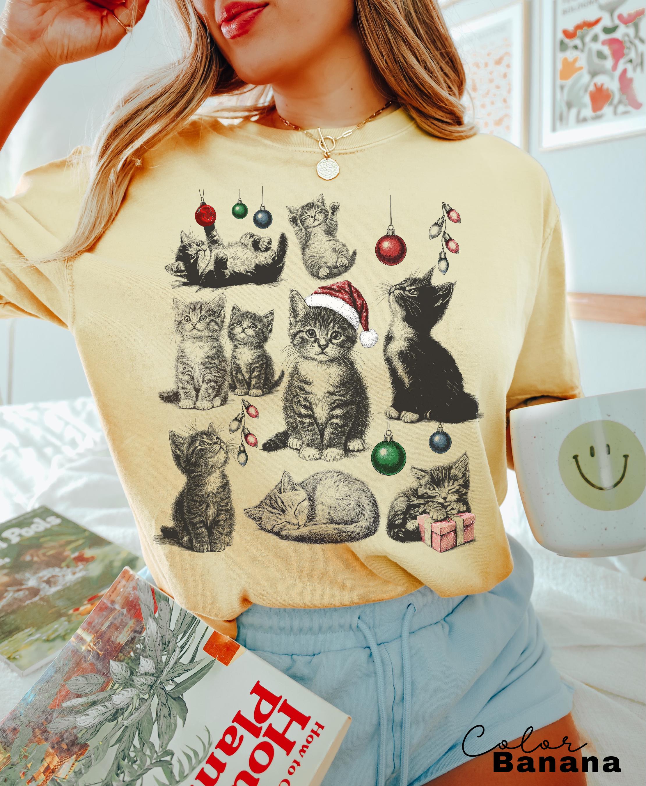 Christmas Cat Shirt 90s Tattoo Style, Retro Comfort Colors, Y2k Kitten Shirt, Cat Lovers Gift, Christmas Cat Sweatshirt