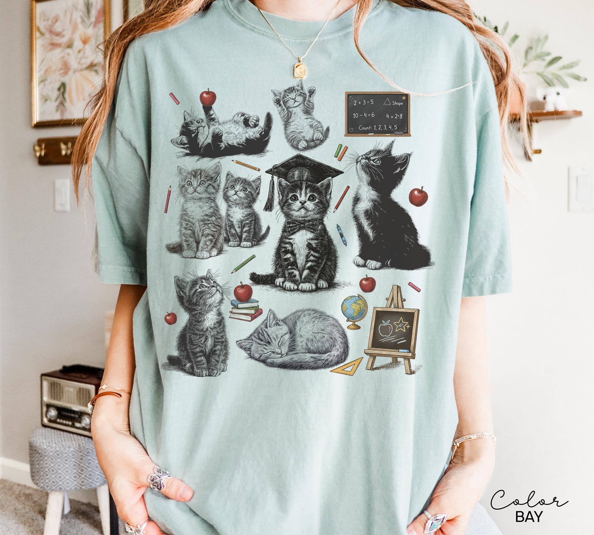 Retro Teacher Cat Kitten Shirt, Comfort Colors Tee, Cute Cat Elementary School Shirt, Teacher Team