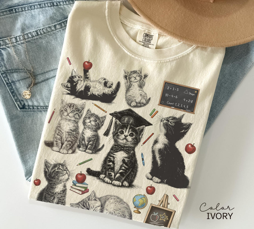Retro Teacher Cat Kitten Shirt, Comfort Colors Tee, Cute Cat Elementary School Shirt, Teacher Team