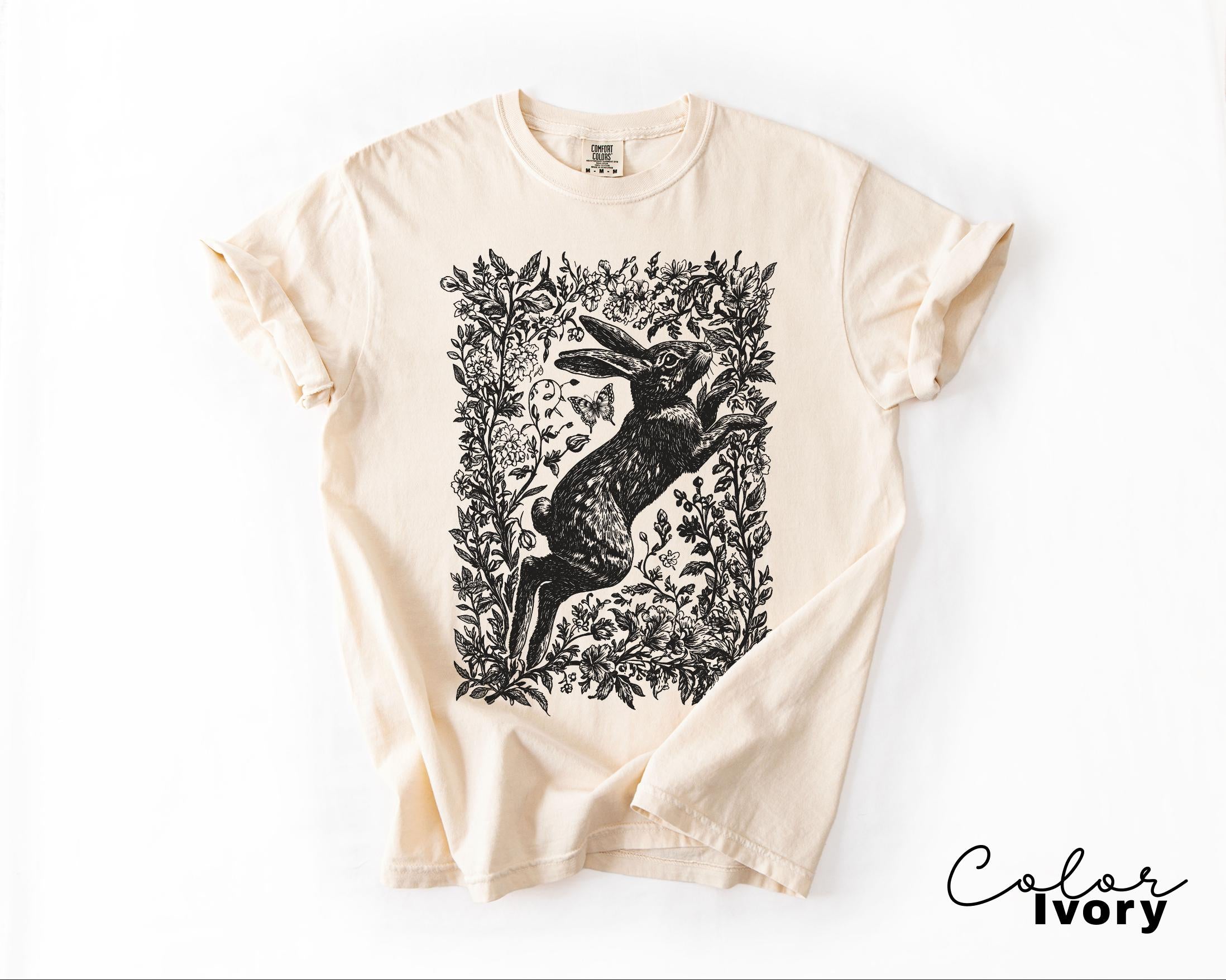 Cottagecore Rabbit Shirt, Wild Hare t-shirt, Folk Art Forest Animal TShirt, Woodland Aesthetic Top, Comfort Colors Tee, Boho Tee