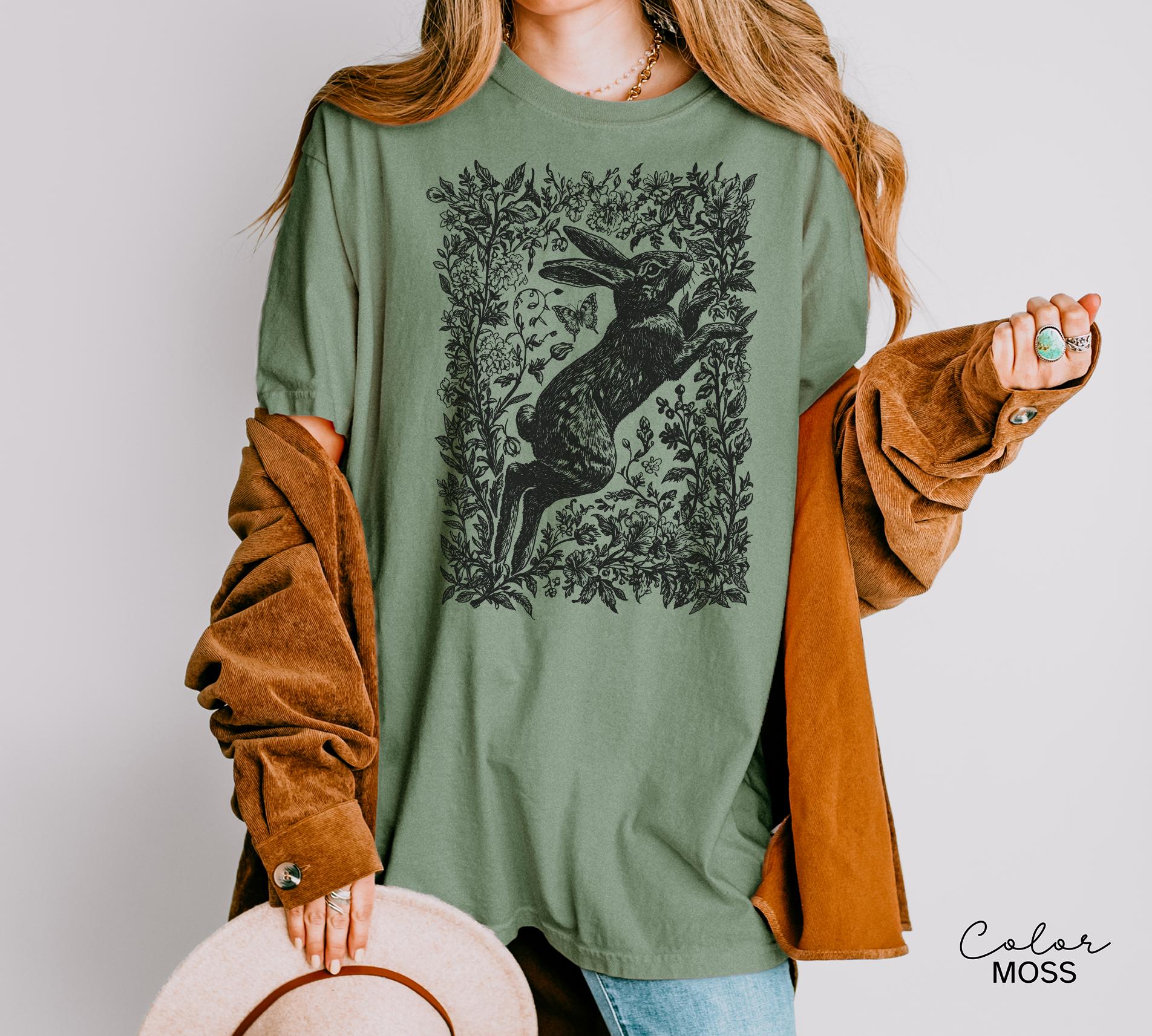 Cottagecore Rabbit Shirt, Wild Hare t-shirt, Folk Art Forest Animal TShirt, Woodland Aesthetic Top, Comfort Colors Tee, Boho Tee