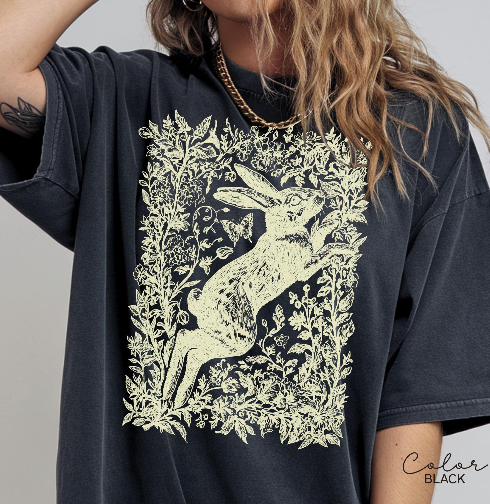 Cottagecore Rabbit Shirt, Wild Hare t-shirt, Folk Art Forest Animal TShirt, Woodland Aesthetic Top, Comfort Colors Tee, Boho Tee