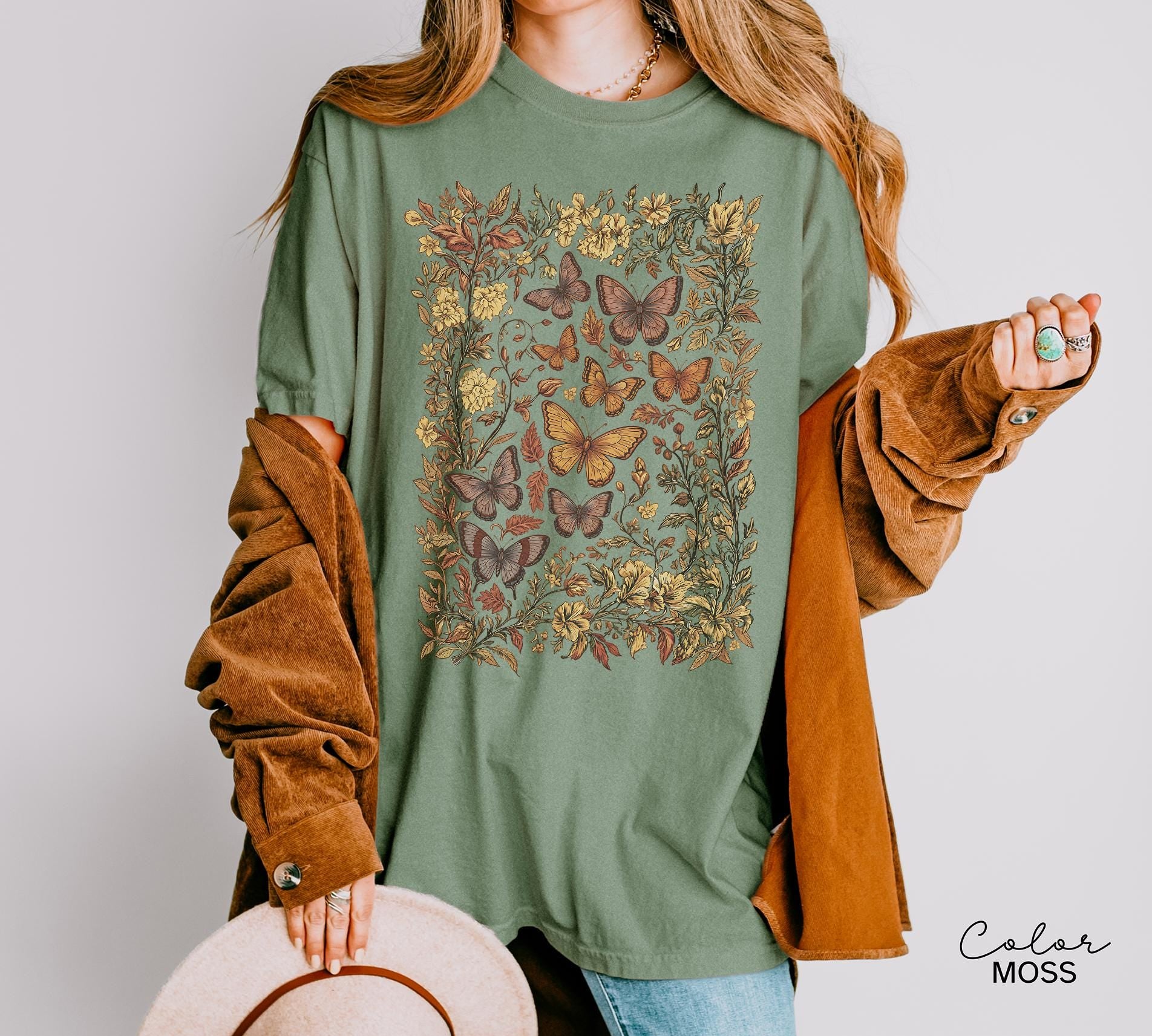 Vintage Pressed Flowers and Butterfly Shirt, Boho Cottagecore Shirt, Botanical Floral Tee Wildflowers Shirt Gift for Gardener Floral Shirt