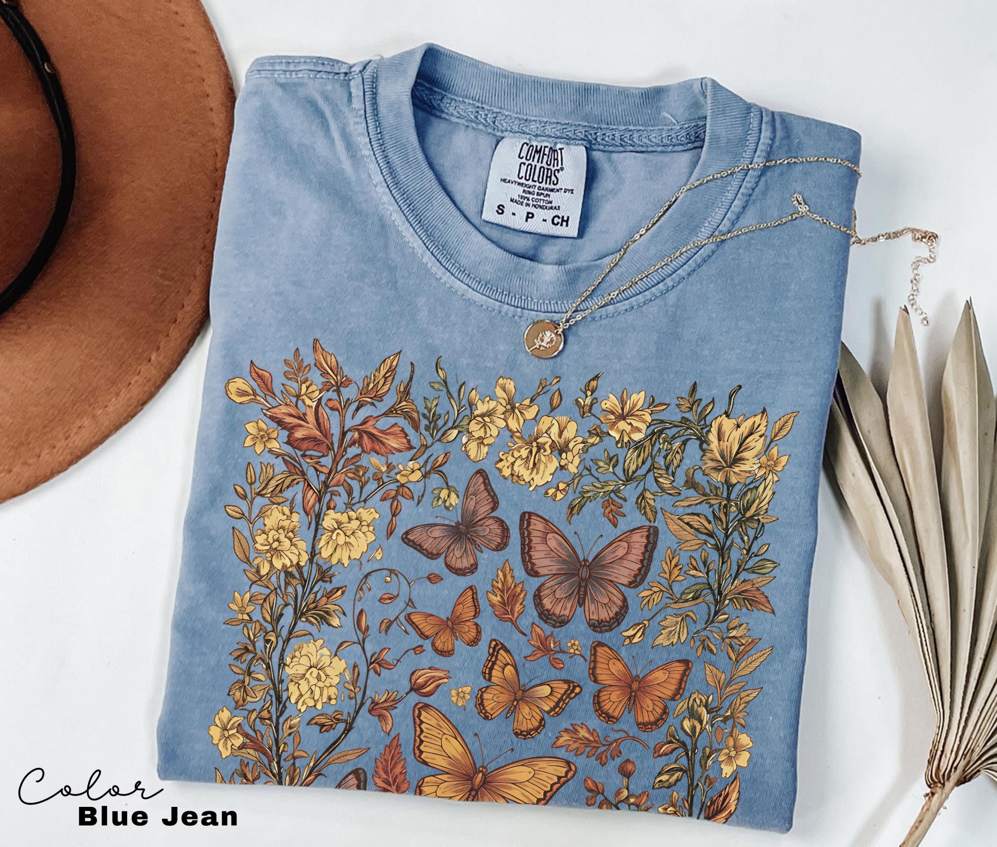 Vintage Pressed Flowers and Butterfly Shirt, Boho Cottagecore Shirt, Botanical Floral Tee Wildflowers Shirt Gift for Gardener Floral Shirt