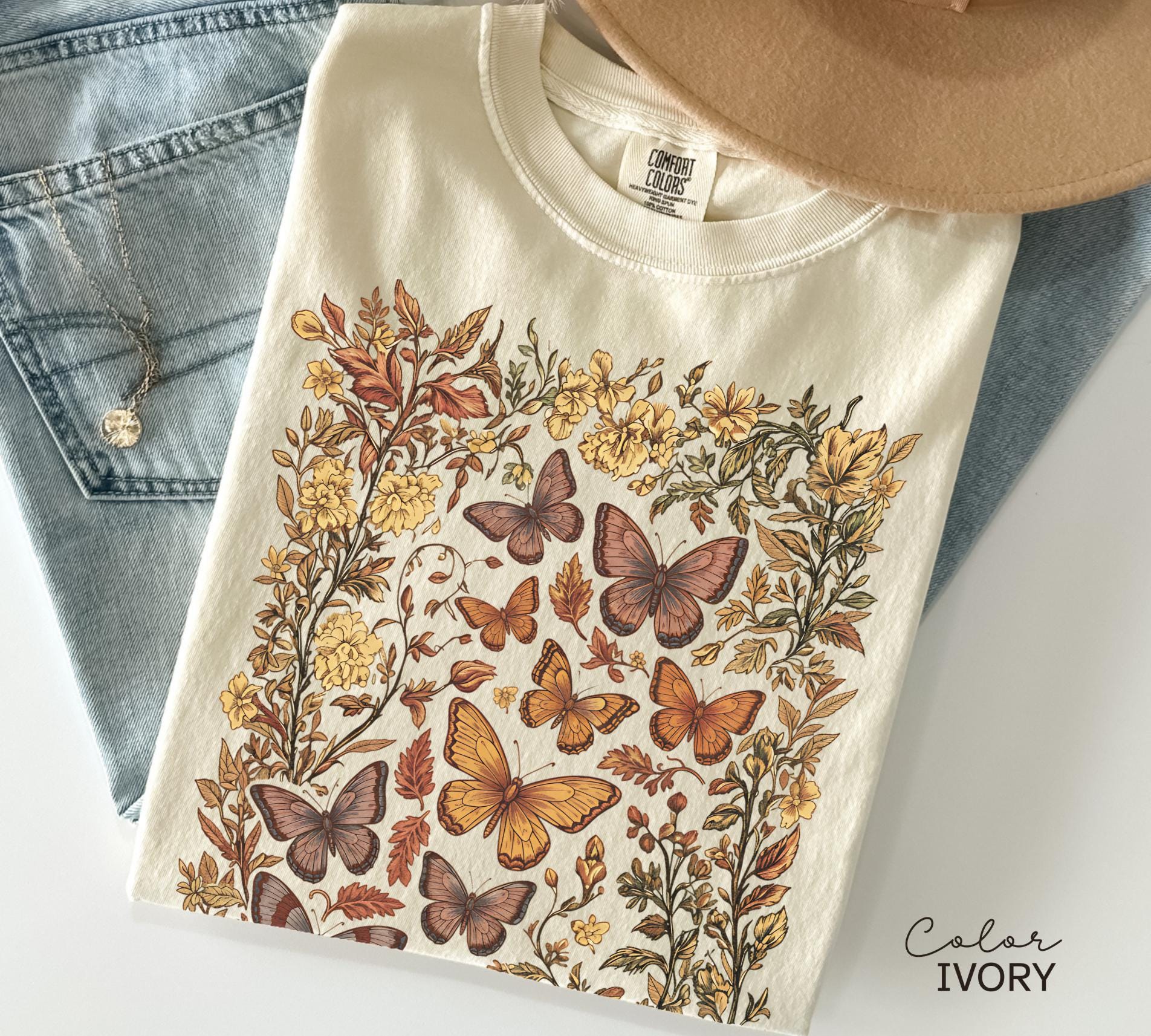 Vintage Pressed Flowers and Butterfly Shirt, Boho Cottagecore Shirt, Botanical Floral Tee Wildflowers Shirt Gift for Gardener Floral Shirt
