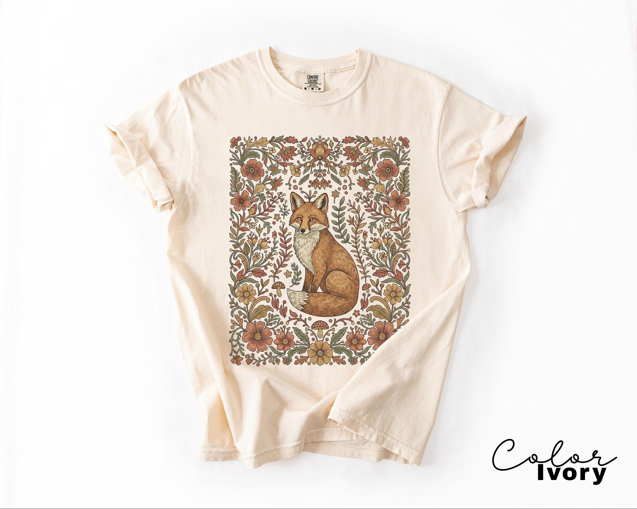 Comfort Colors Fox Shirt, Cottagecore boho t-shirt, Floral Fall Shirt, Vintage Flower t-shirt