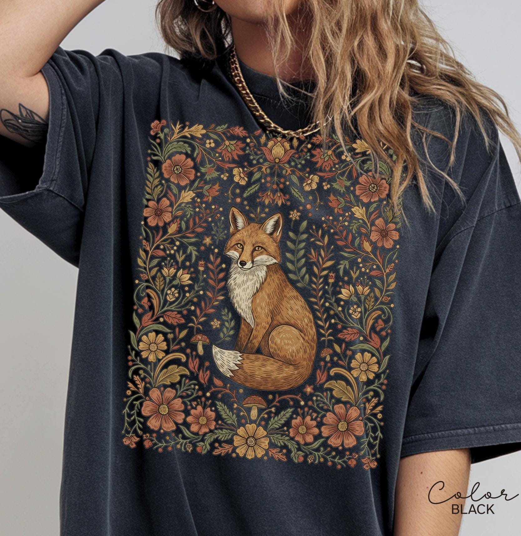 Comfort Colors Fox Shirt, Cottagecore boho t-shirt, Floral Fall Shirt, Vintage Flower t-shirt