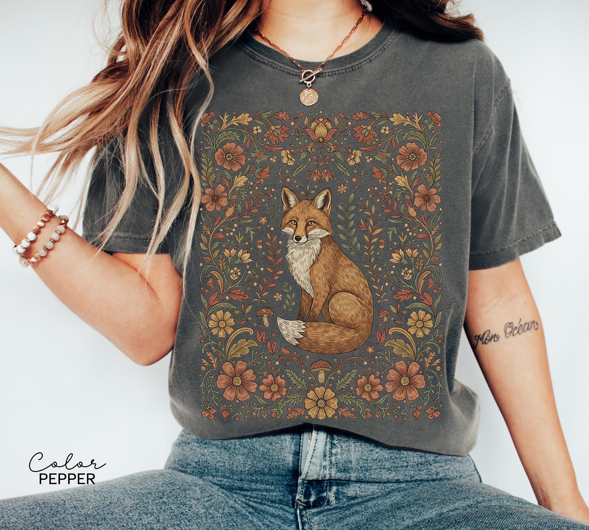 Comfort Colors Fox Shirt, Cottagecore boho t-shirt, Floral Fall Shirt, Vintage Flower t-shirt