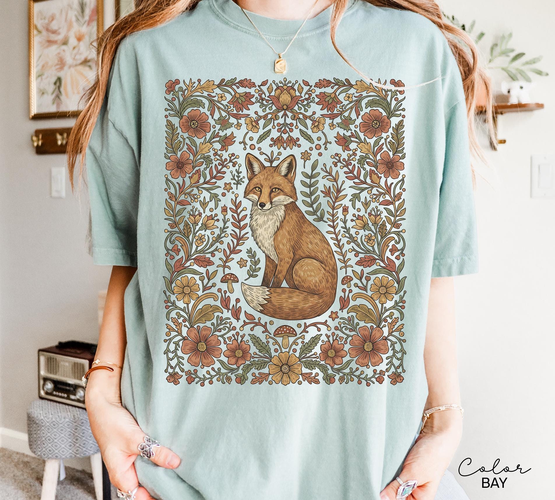 Comfort Colors Fox Shirt, Cottagecore boho t-shirt, Floral Fall Shirt, Vintage Flower t-shirt