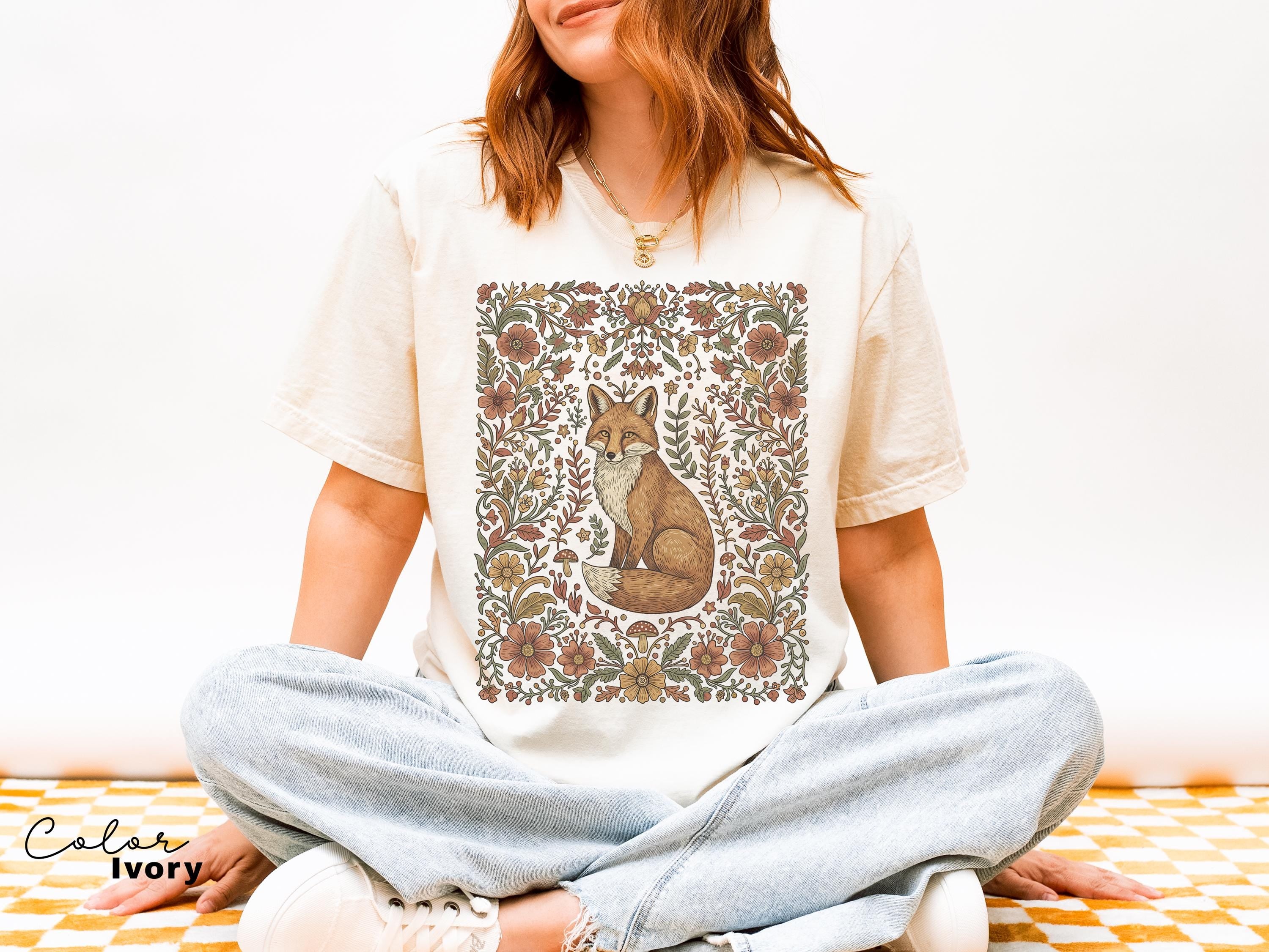 Comfort Colors Fox Shirt, Cottagecore boho t-shirt, Floral Fall Shirt, Vintage Flower t-shirt