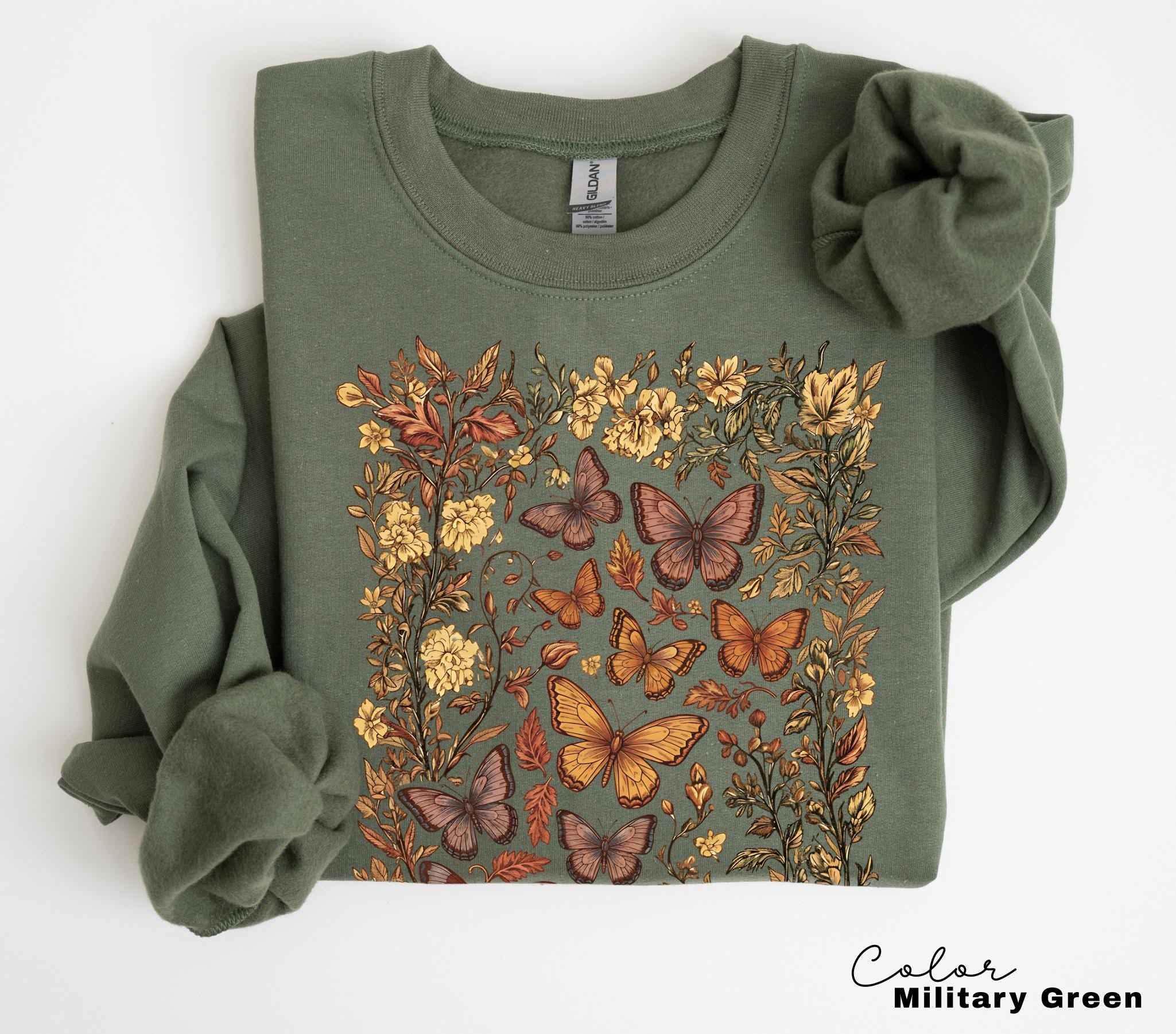 Vintage Pressed Flowers and Butterfly Sweatshirt, Boho Cottagecore Crewneck, Botanical Floral Tee Wildflowers Shirt Gift for Gardener Floral