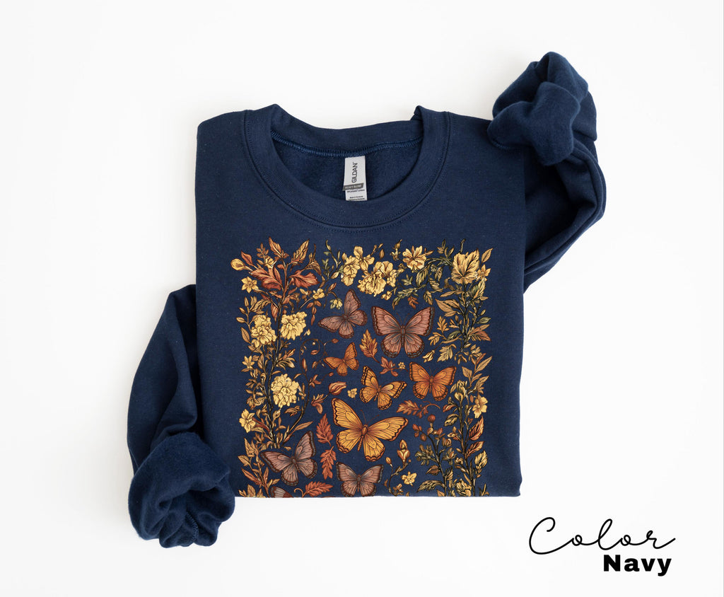 Vintage Pressed Flowers and Butterfly Sweatshirt, Boho Cottagecore Crewneck, Botanical Floral Tee Wildflowers Shirt Gift for Gardener Floral