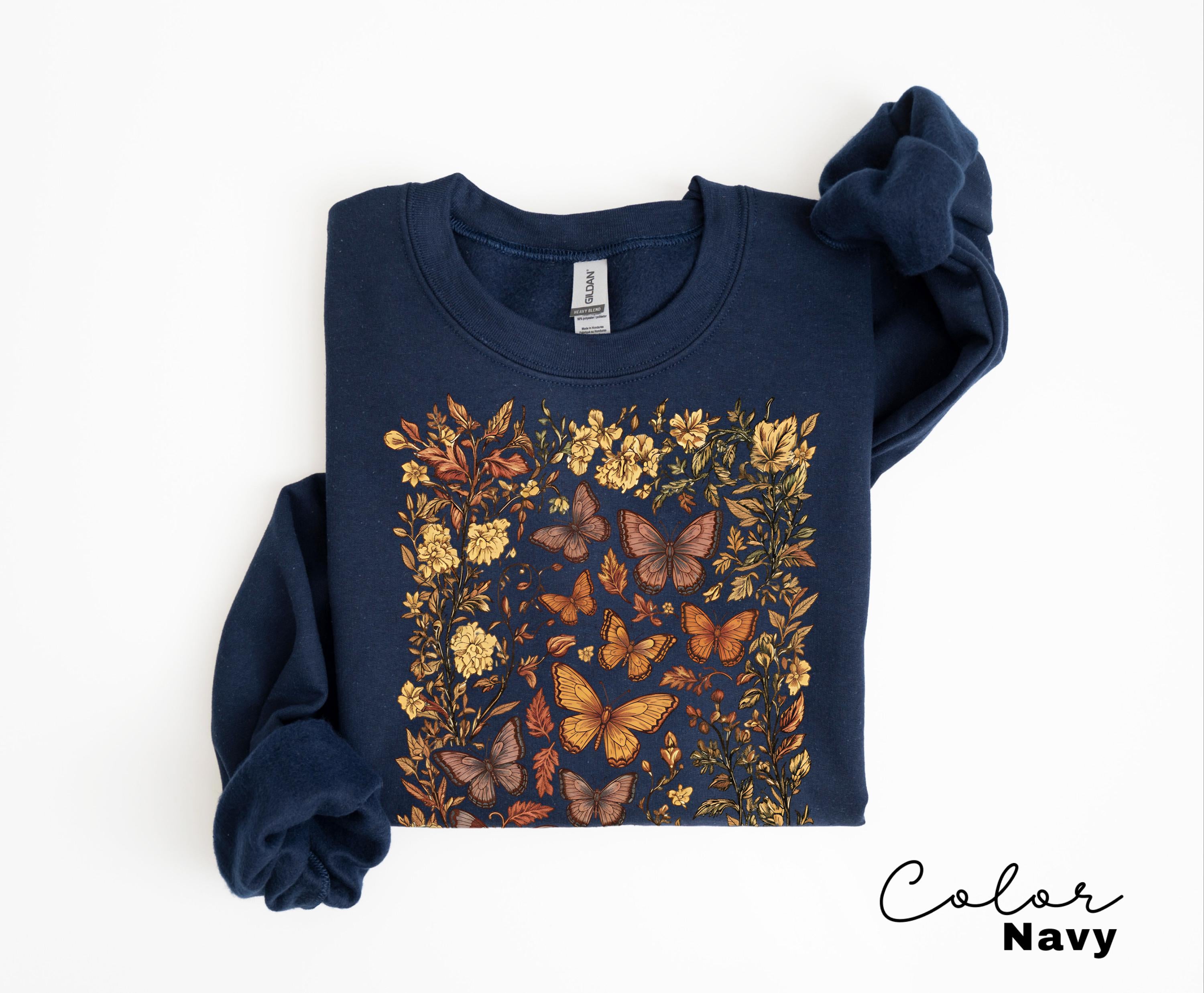 Vintage Pressed Flowers and Butterfly Sweatshirt, Boho Cottagecore Crewneck, Botanical Floral Tee Wildflowers Shirt Gift for Gardener Floral