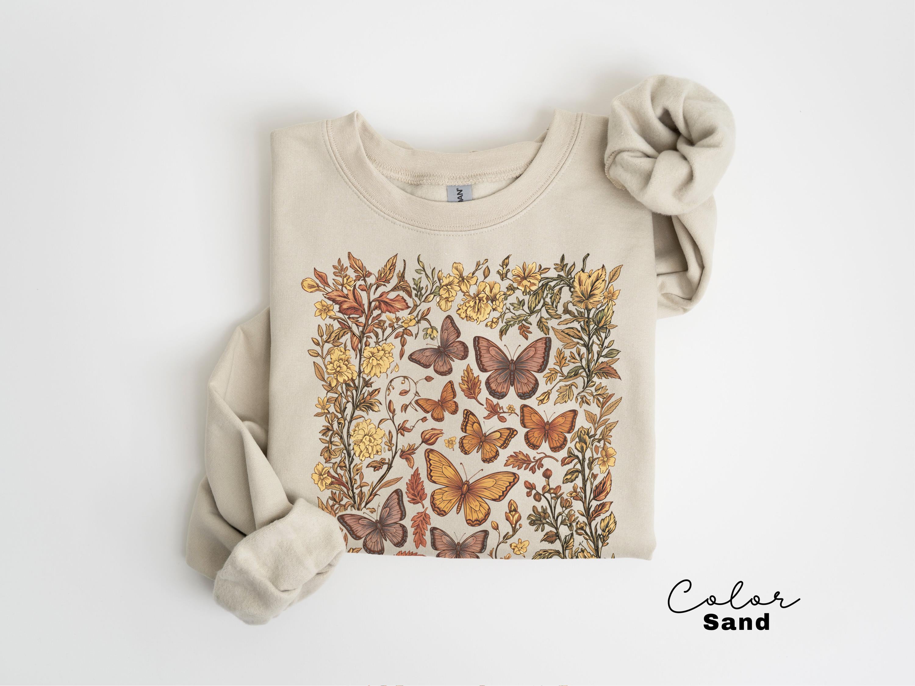 Vintage Pressed Flowers and Butterfly Sweatshirt, Boho Cottagecore Crewneck, Botanical Floral Tee Wildflowers Shirt Gift for Gardener Floral