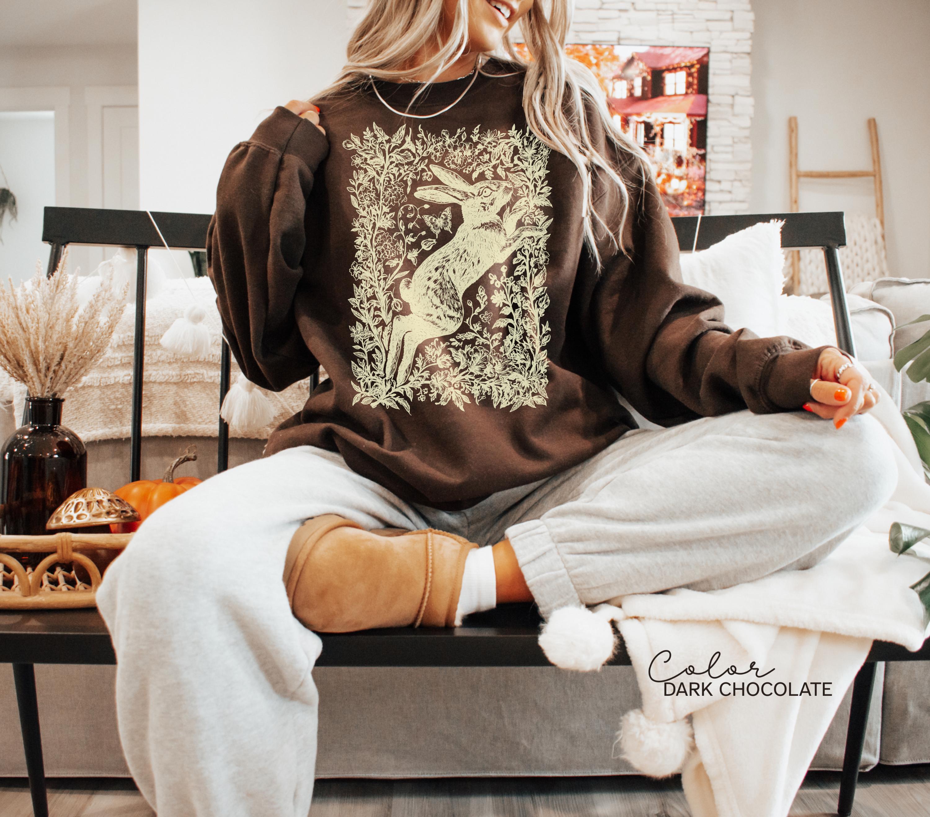 Cottagecore Rabbit Sweatshirt, Wild Hare, Folk Art Forest Animal, Woodland Aesthetic Top, Cottagecore Crewneck, Forestcore