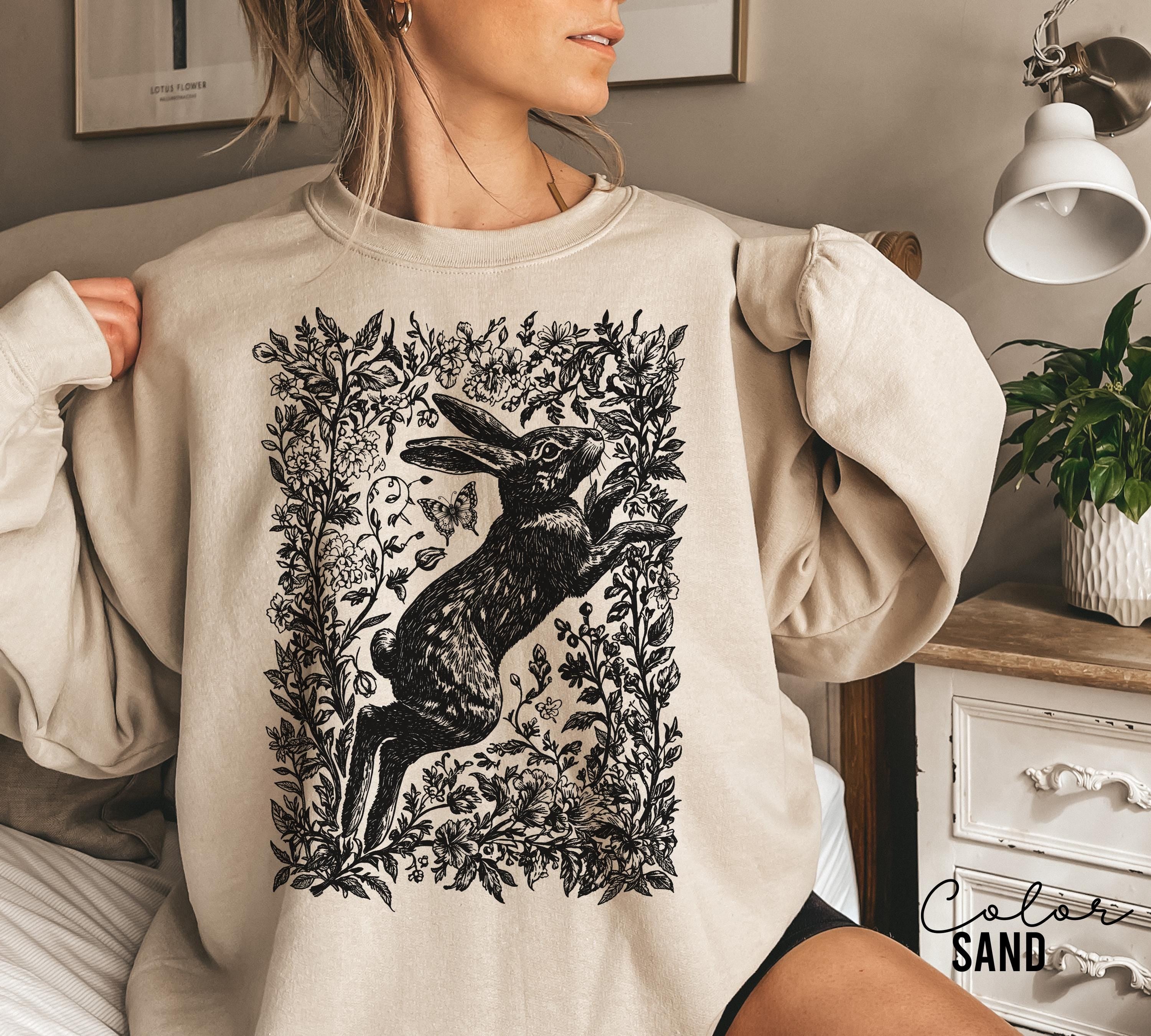 Cottagecore Rabbit Sweatshirt, Wild Hare, Folk Art Forest Animal, Woodland Aesthetic Top, Cottagecore Crewneck, Forestcore