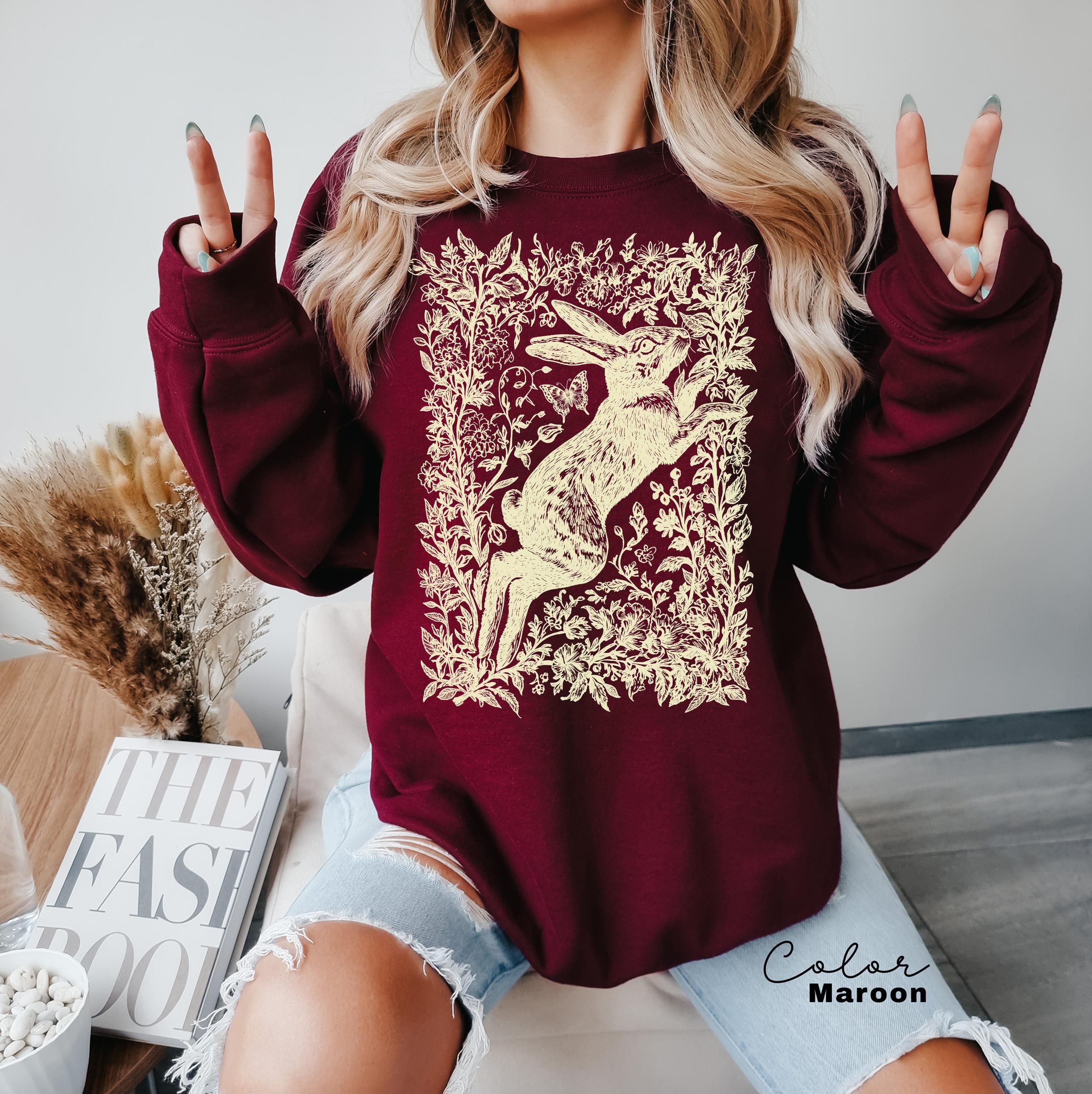 Cottagecore Rabbit Sweatshirt, Wild Hare, Folk Art Forest Animal, Woodland Aesthetic Top, Cottagecore Crewneck, Forestcore