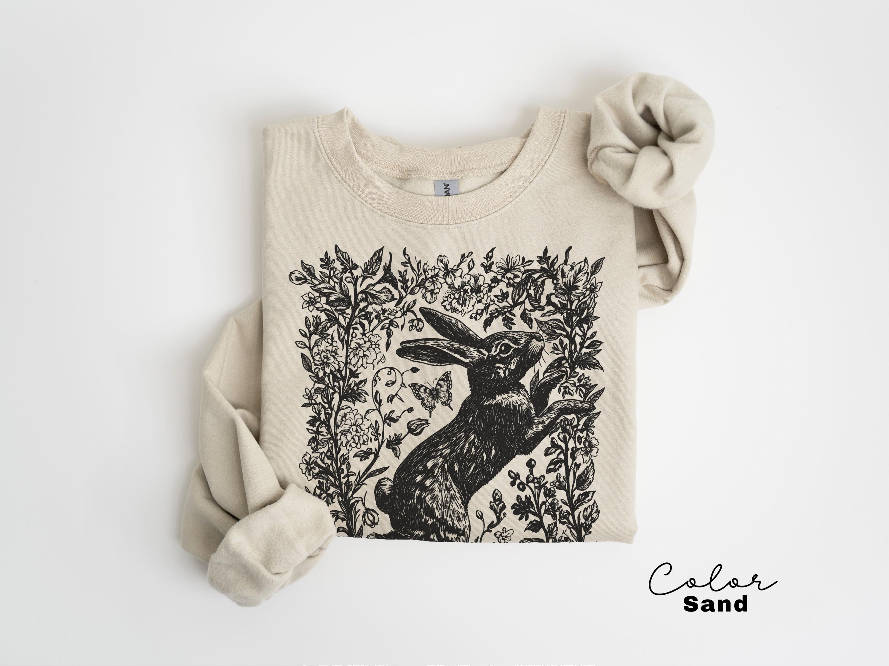 Cottagecore Rabbit Sweatshirt, Wild Hare, Folk Art Forest Animal, Woodland Aesthetic Top, Cottagecore Crewneck, Forestcore