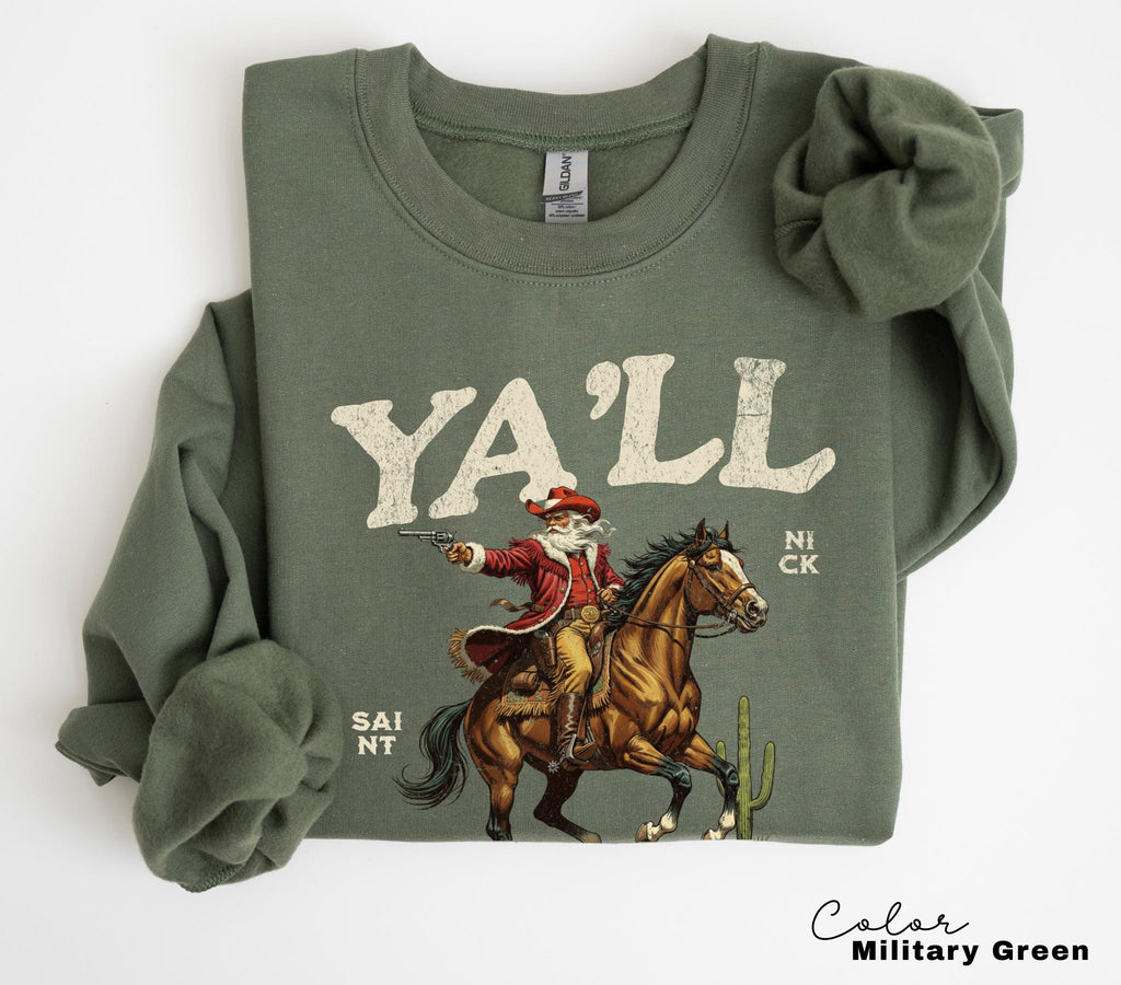 Funny Santa Christmas Sweatshirt, Cowboy Santa, Ya'll Be Good Now, Retro Western Santa, Christmas Sarcastic Crewneck,