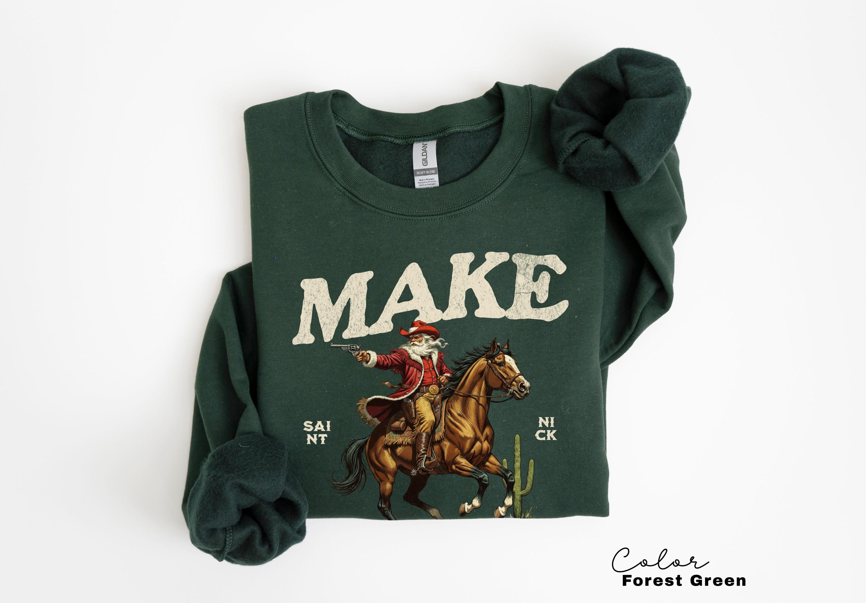 Funny Santa Christmas Sweatshirt, Cowboy Santa, Make My List Punk, Retro Western Santa, Christmas Sarcastic Crewneck,