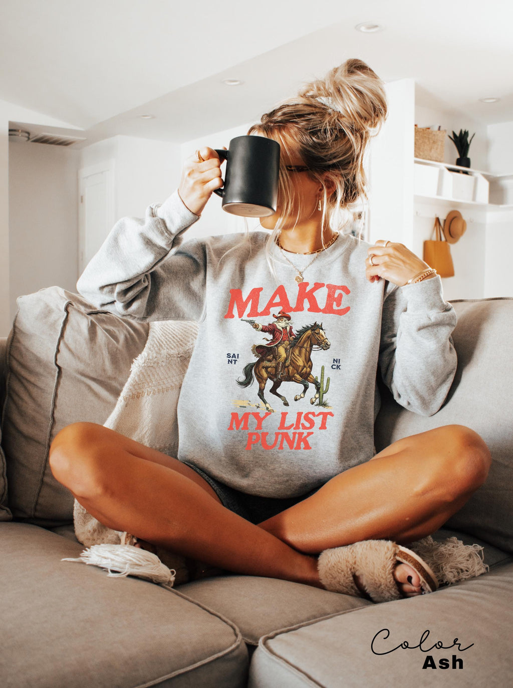 Funny Santa Christmas Sweatshirt, Cowboy Santa, Make My List Punk, Retro Western Santa, Christmas Sarcastic Crewneck,