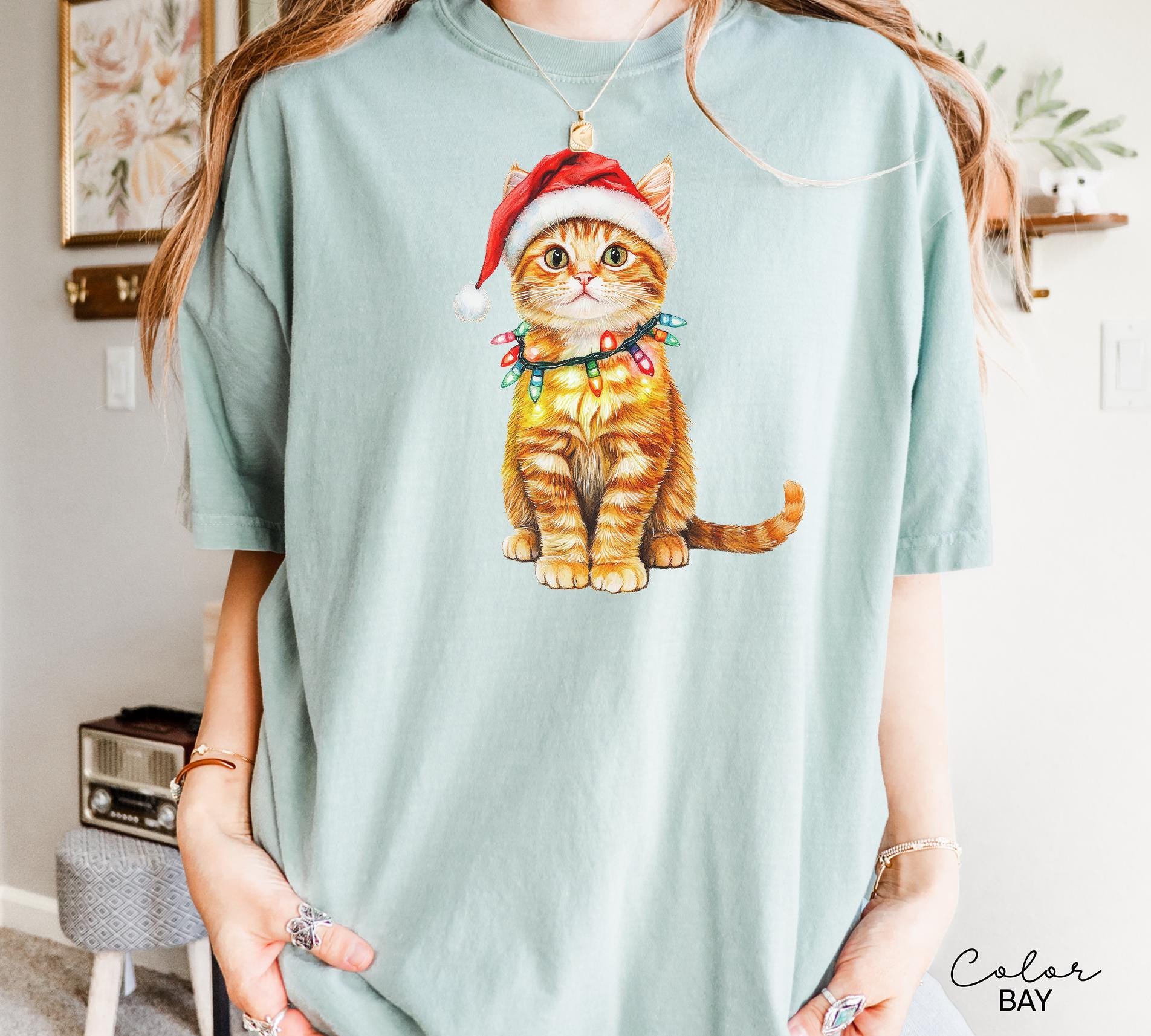 Cat Christmas Comfort Colors Shirt, Christmas Cat Tshirt, Vintage Cat with Santa Hat Shirt, Cute Retro Cat Lover Christmas Graphic Tee