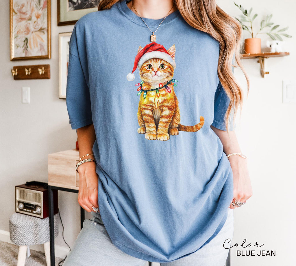 Cat Christmas Comfort Colors Shirt, Christmas Cat Tshirt, Vintage Cat with Santa Hat Shirt, Cute Retro Cat Lover Christmas Graphic Tee