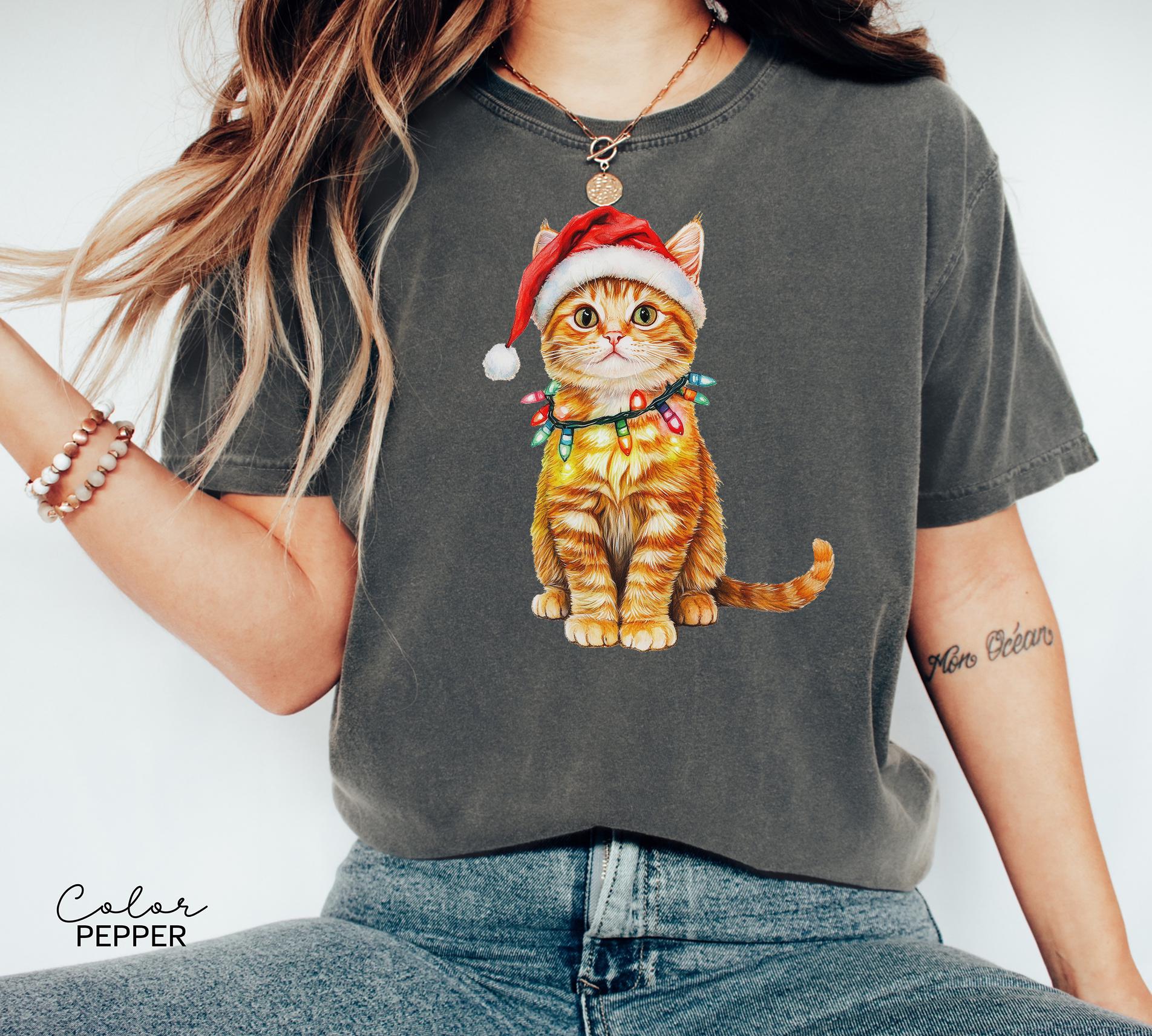 Cat Christmas Comfort Colors Shirt, Christmas Cat Tshirt, Vintage Cat with Santa Hat Shirt, Cute Retro Cat Lover Christmas Graphic Tee
