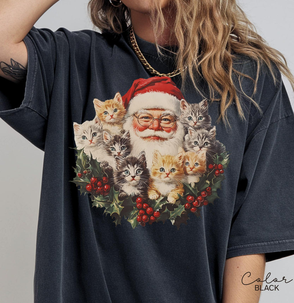 Santa Claus Kittens Christmas Shirt, Comfort Colors, Retro Old Saint Nick Holiday Crewneck, Funny Ugly T-shirt, Xmas Gift For Cat Lovers
