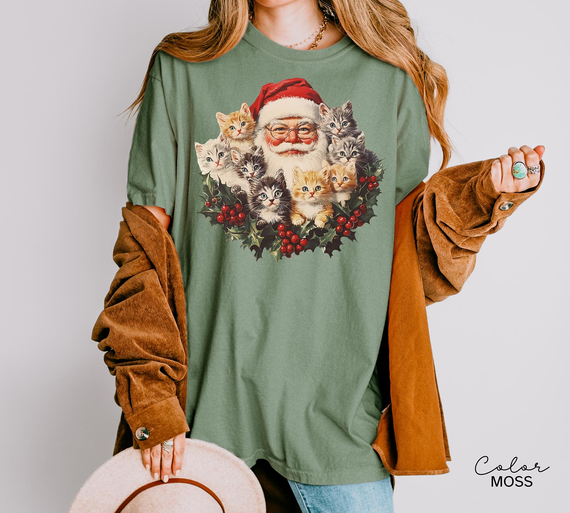 Santa Claus Kittens Christmas Shirt, Comfort Colors, Retro Old Saint Nick Holiday Crewneck, Funny Ugly T-shirt, Xmas Gift For Cat Lovers