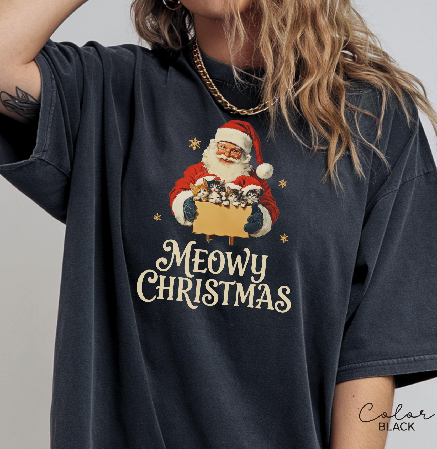 Retro Christmas Cat Santa Shirt, Meowy Christmas Gift, Merry Christmas Shirt, Womens Holiday t-shirt, Cat Lover Gift, Comfort Colors