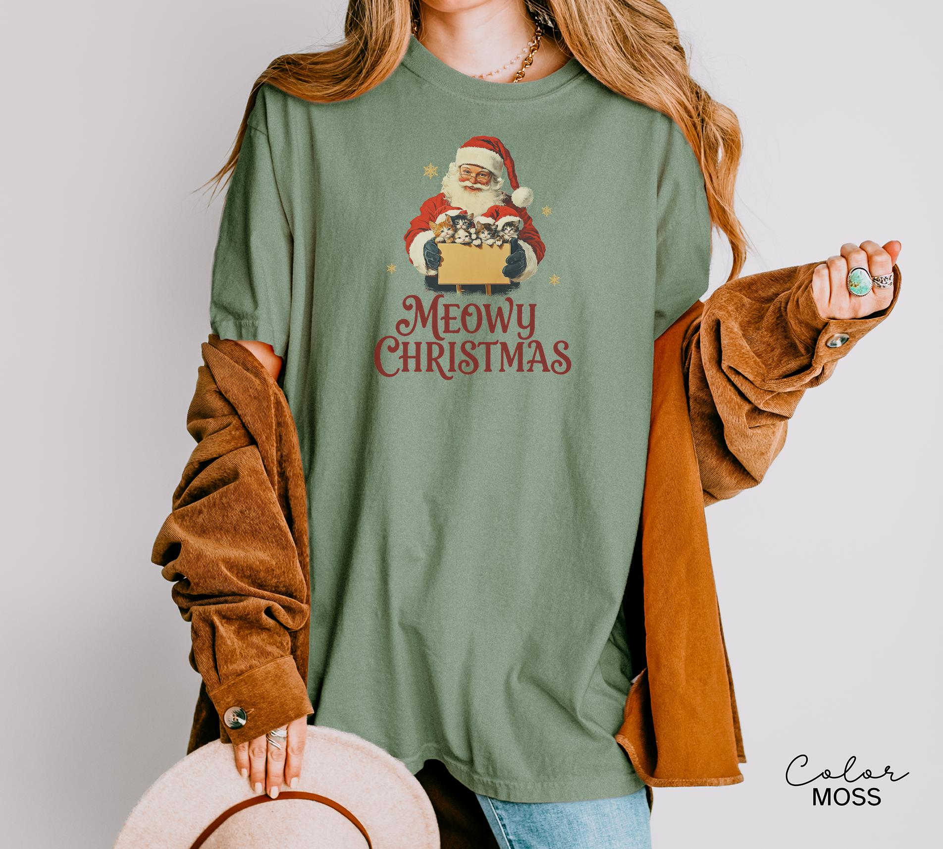 Retro Christmas Cat Santa Shirt, Meowy Christmas Gift, Merry Christmas Shirt, Womens Holiday t-shirt, Cat Lover Gift, Comfort Colors