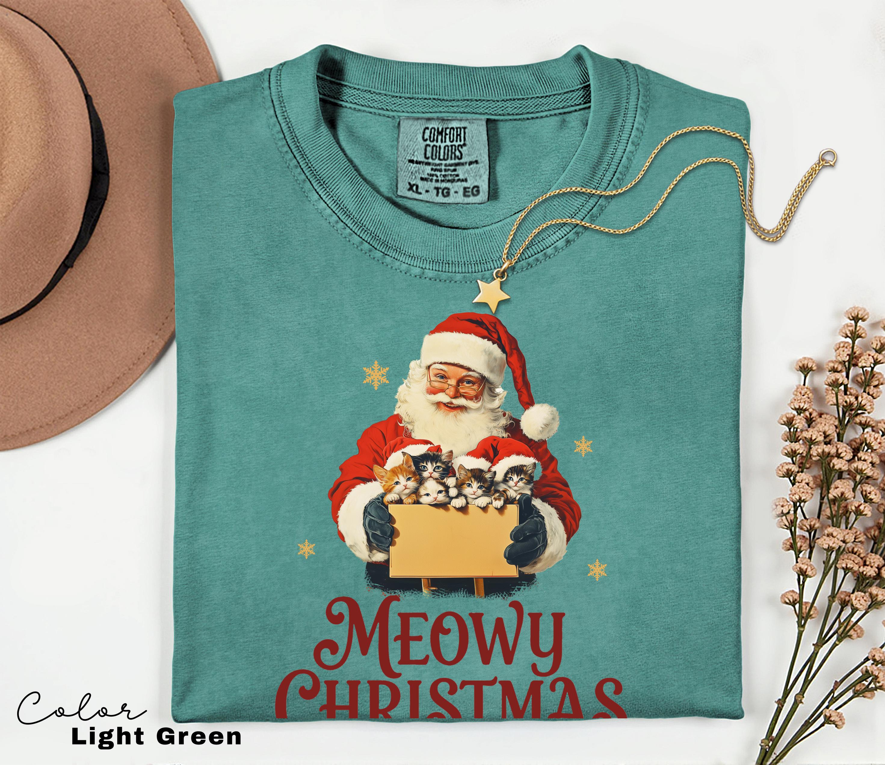 Retro Christmas Cat Santa Shirt, Meowy Christmas Gift, Merry Christmas Shirt, Womens Holiday t-shirt, Cat Lover Gift, Comfort Colors