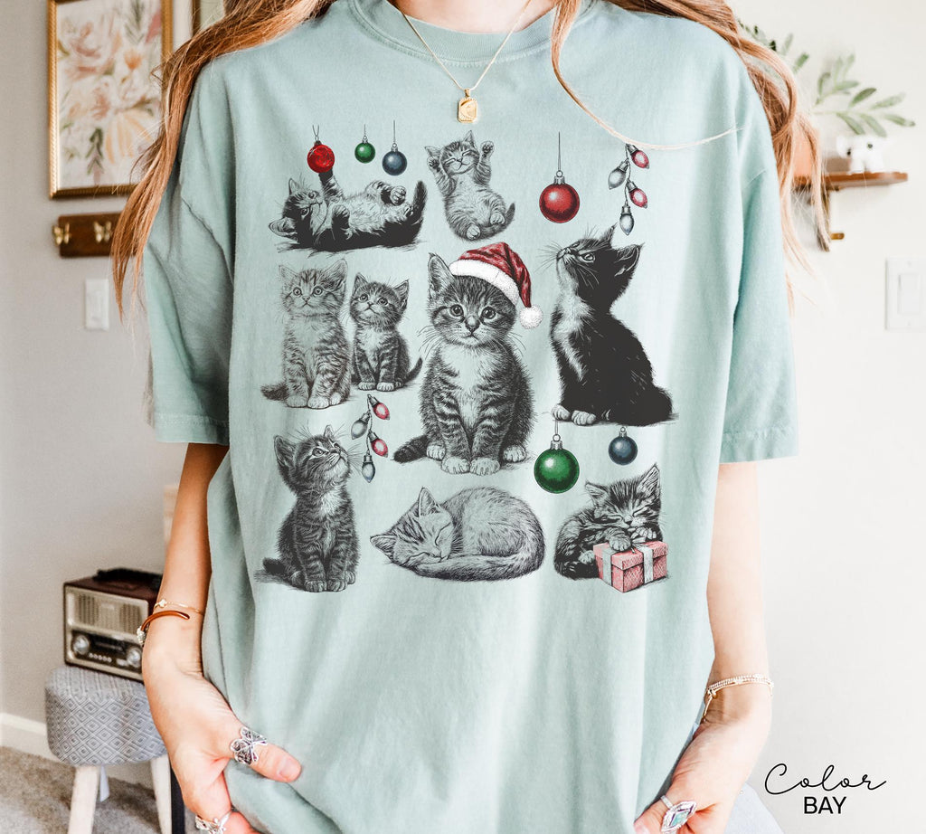 Christmas Cat Shirt 90s Tattoo Style, Retro Comfort Colors, Y2k Kitten Shirt, Cat Lovers Gift, Christmas Cat Sweatshirt