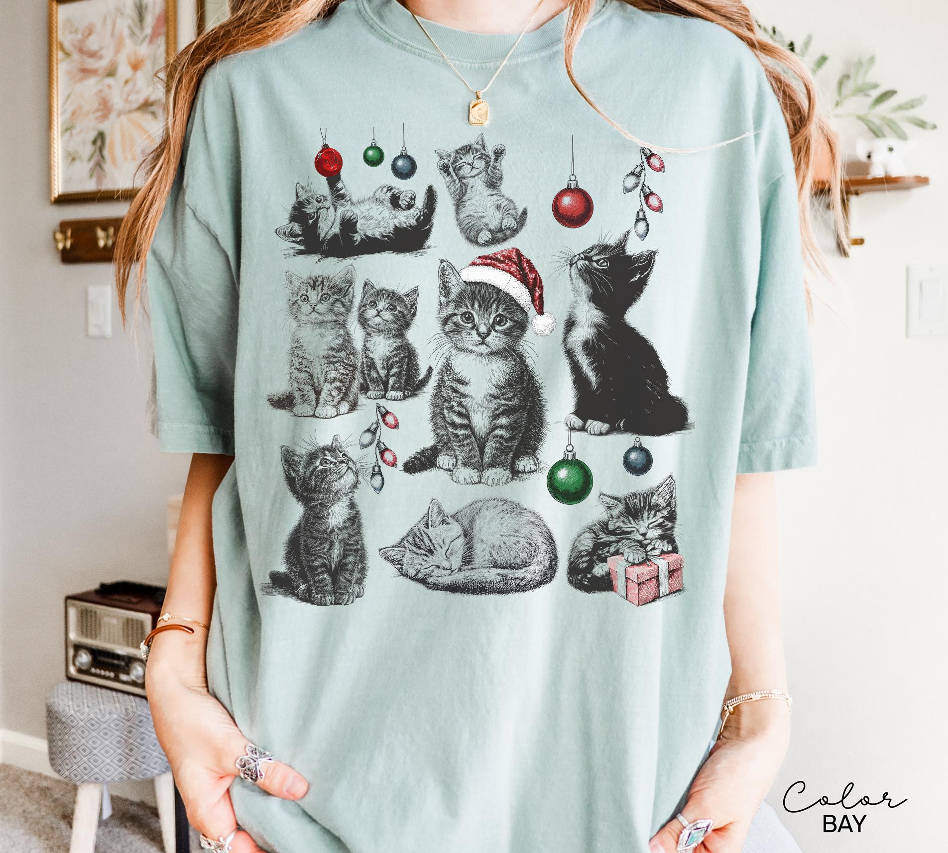 Christmas Cat Shirt 90s Tattoo Style, Retro Comfort Colors, Y2k Kitten Shirt, Cat Lovers Gift, Christmas Cat Sweatshirt