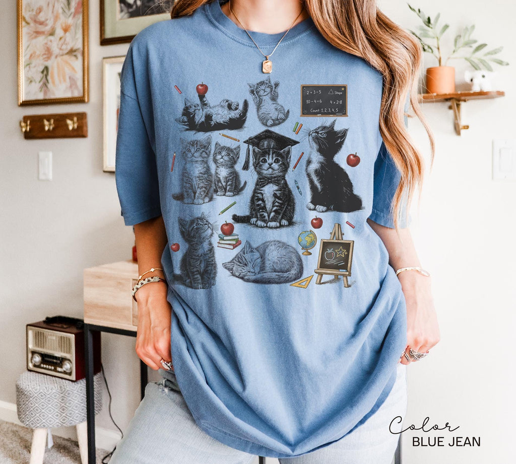 Retro Teacher Cat Kitten Shirt, Comfort Colors Tee, Cute Cat Elementary School Shirt, Teacher Team