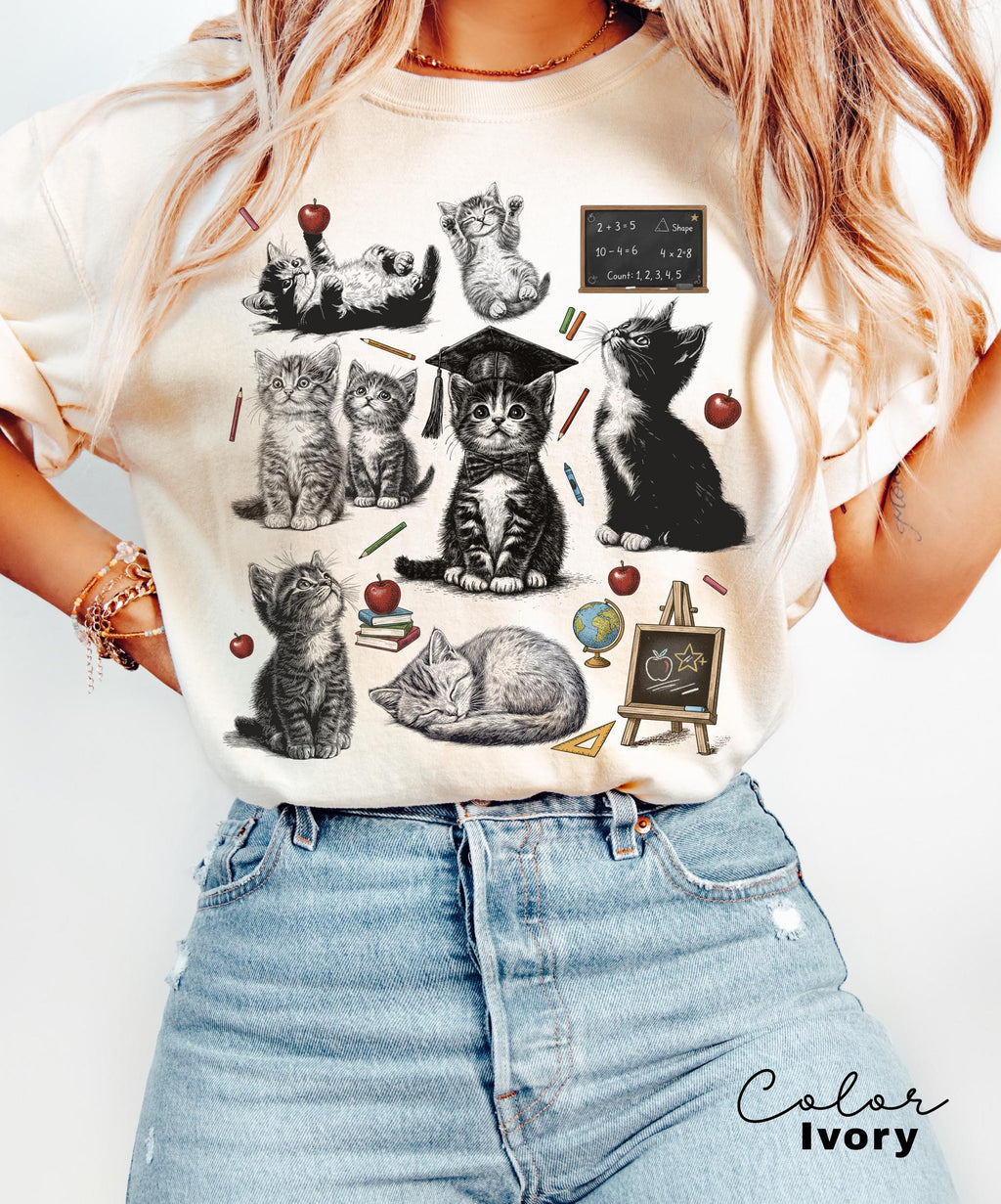 Retro Teacher Cat Kitten Shirt, Comfort Colors Tee, Cute Cat Elementary School Shirt, Teacher Team