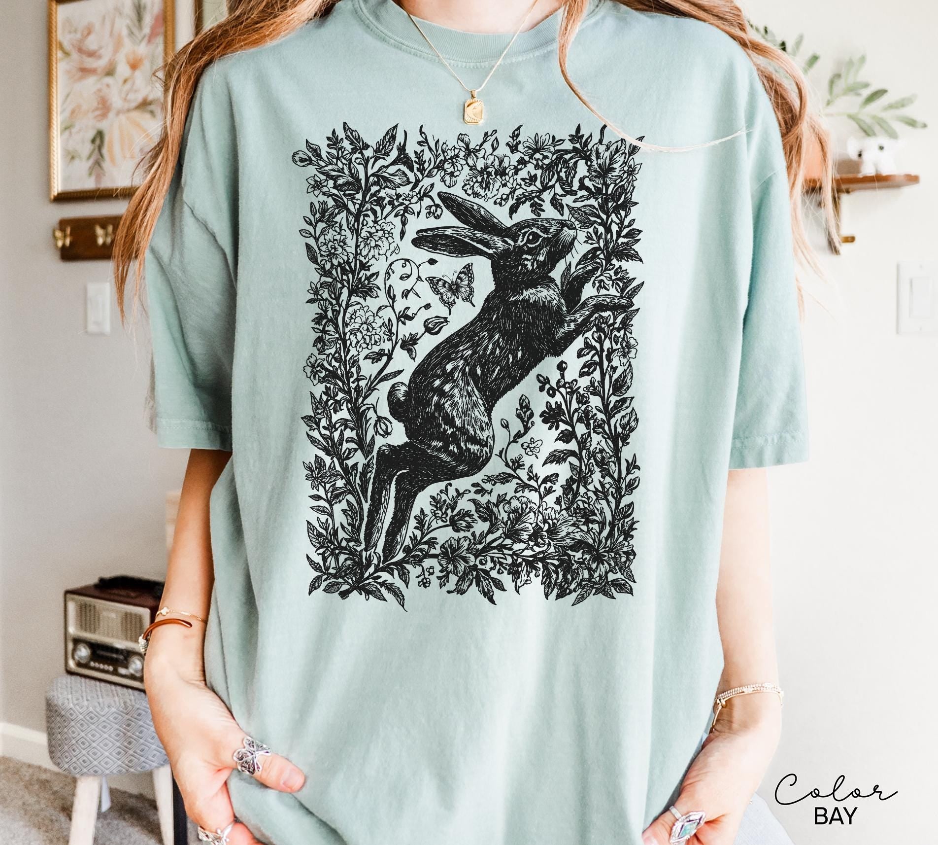 Cottagecore Rabbit Shirt, Wild Hare t-shirt, Folk Art Forest Animal TShirt, Woodland Aesthetic Top, Comfort Colors Tee, Boho Tee