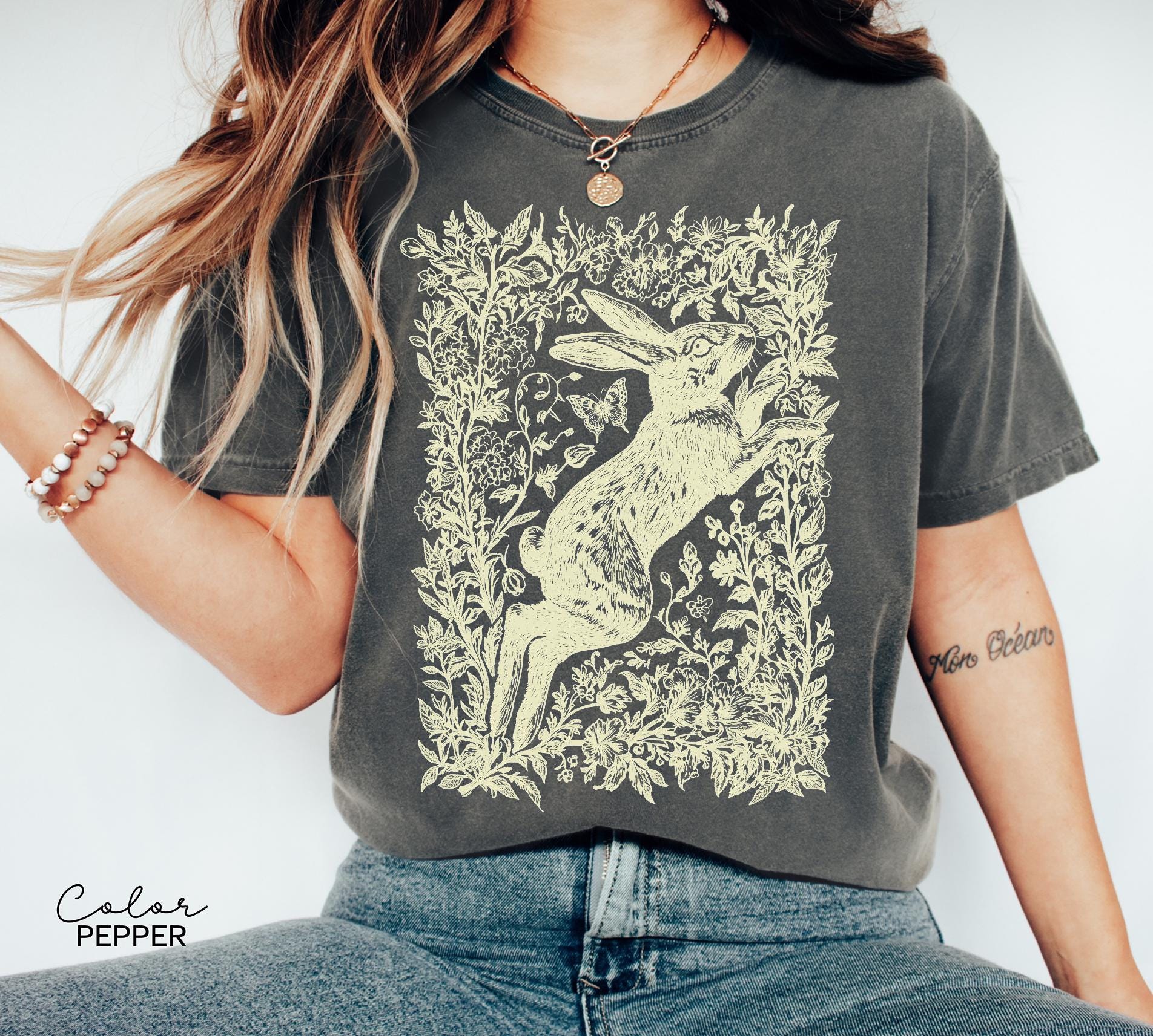 Cottagecore Rabbit Shirt, Wild Hare t-shirt, Folk Art Forest Animal TShirt, Woodland Aesthetic Top, Comfort Colors Tee, Boho Tee