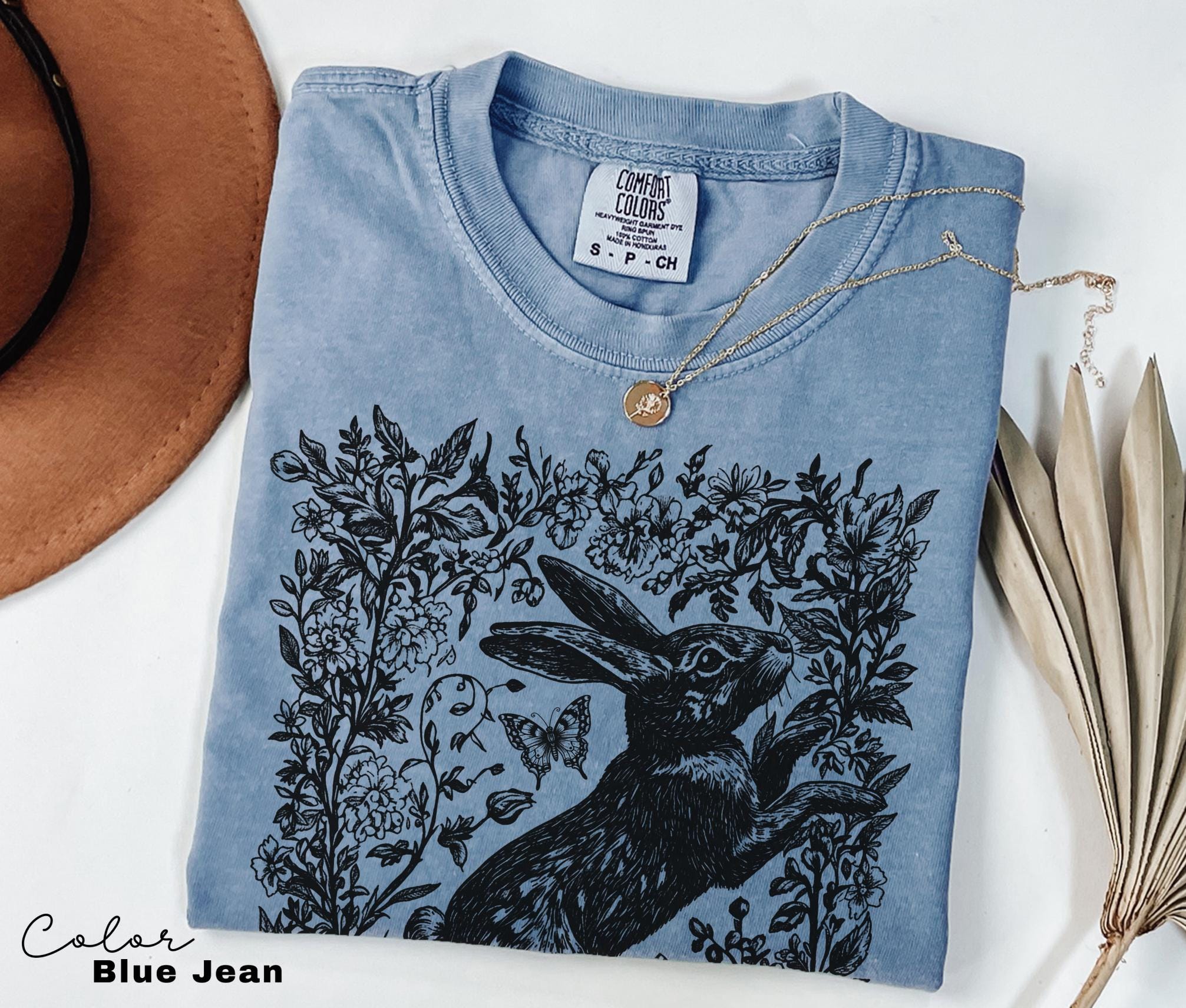 Cottagecore Rabbit Shirt, Wild Hare t-shirt, Folk Art Forest Animal TShirt, Woodland Aesthetic Top, Comfort Colors Tee, Boho Tee