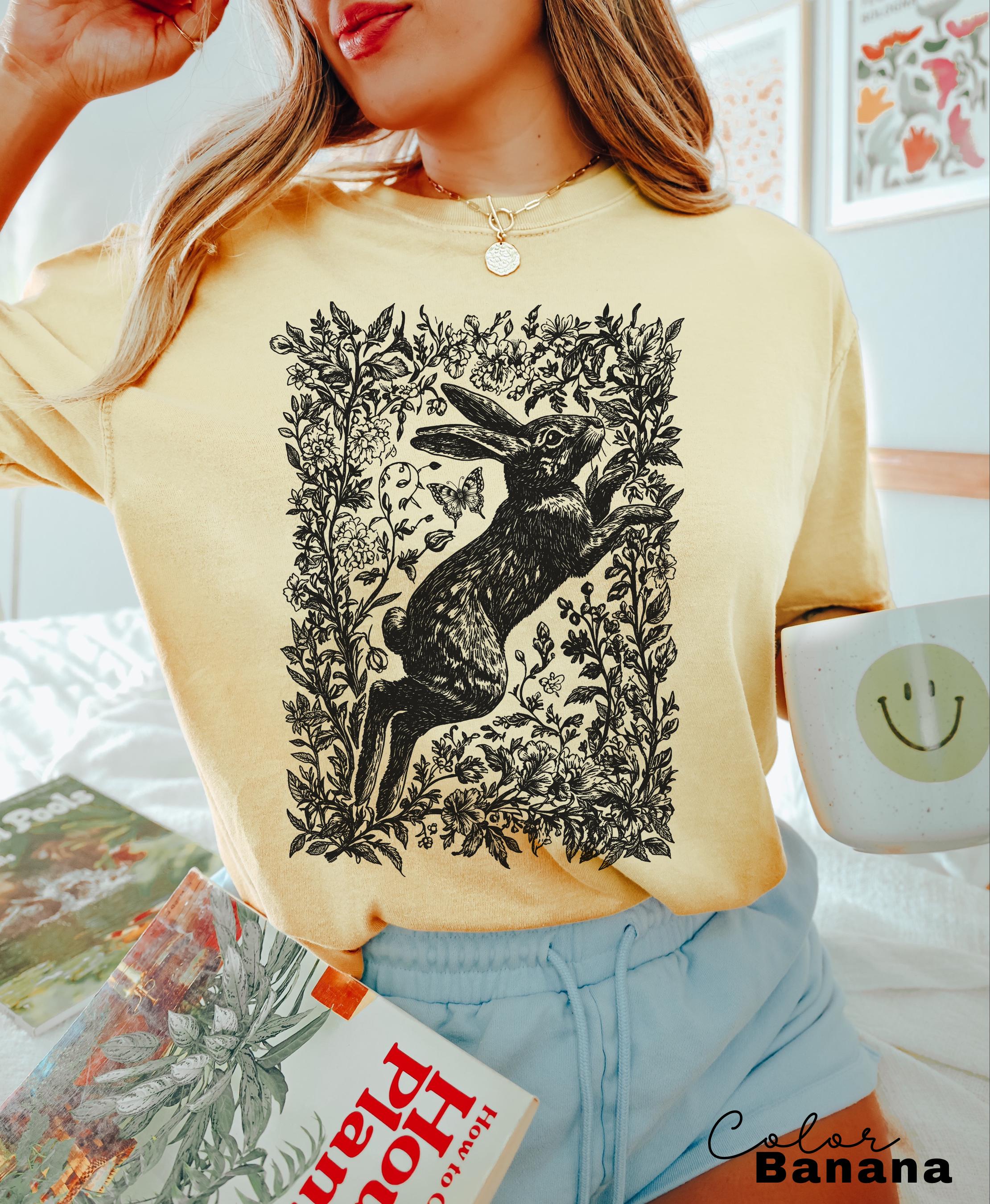 Cottagecore Rabbit Shirt, Wild Hare t-shirt, Folk Art Forest Animal TShirt, Woodland Aesthetic Top, Comfort Colors Tee, Boho Tee