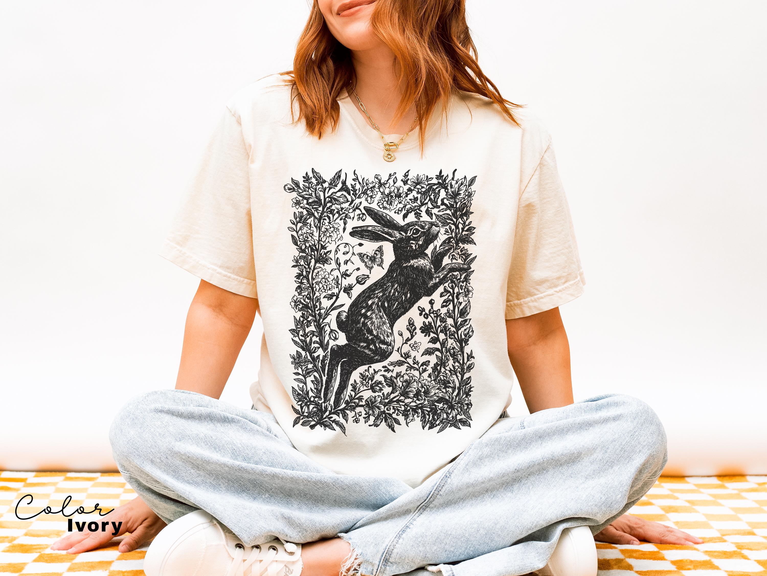 Cottagecore Rabbit Shirt, Wild Hare t-shirt, Folk Art Forest Animal TShirt, Woodland Aesthetic Top, Comfort Colors Tee, Boho Tee