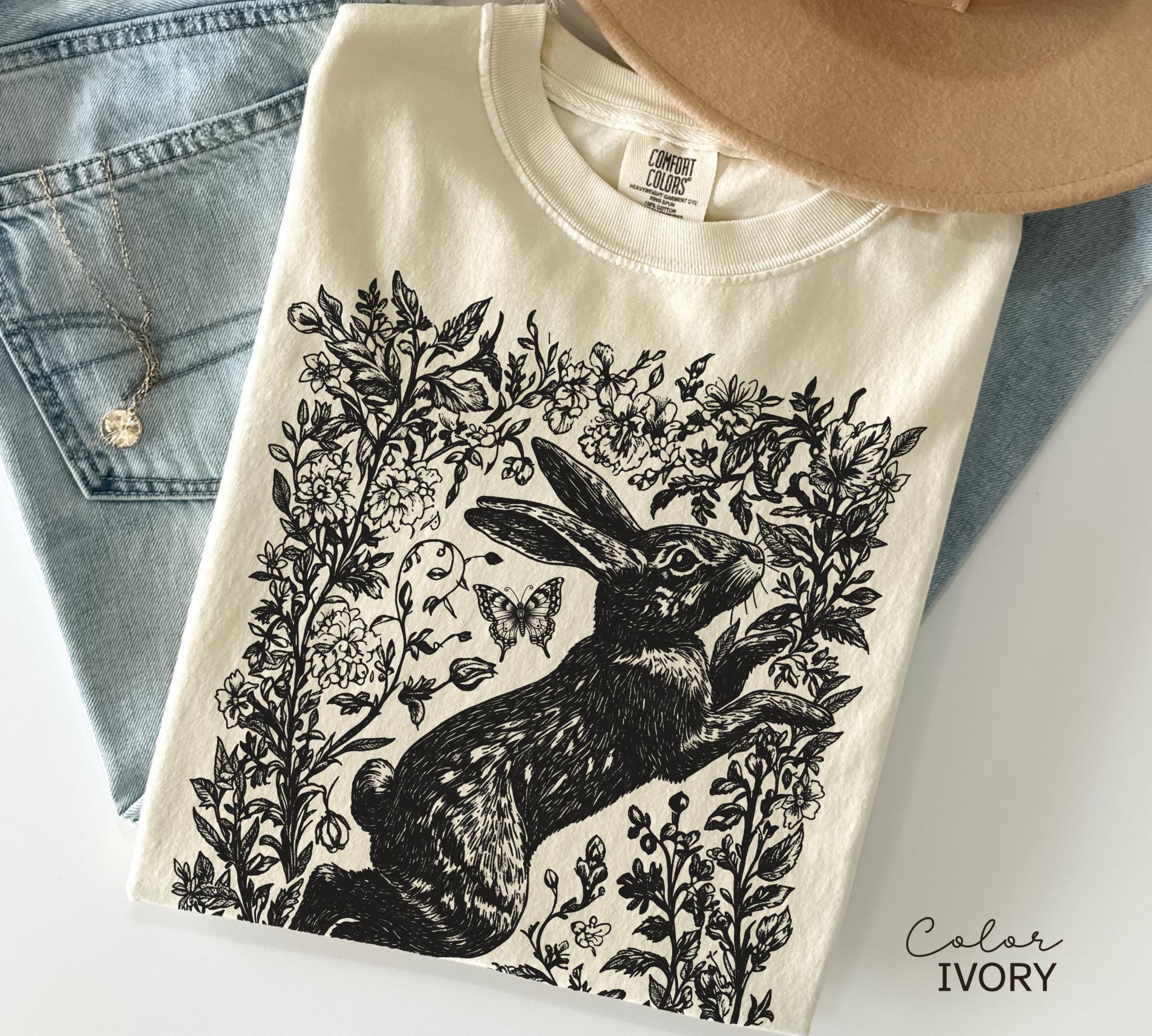 Cottagecore Rabbit Shirt, Wild Hare t-shirt, Folk Art Forest Animal TShirt, Woodland Aesthetic Top, Comfort Colors Tee, Boho Tee
