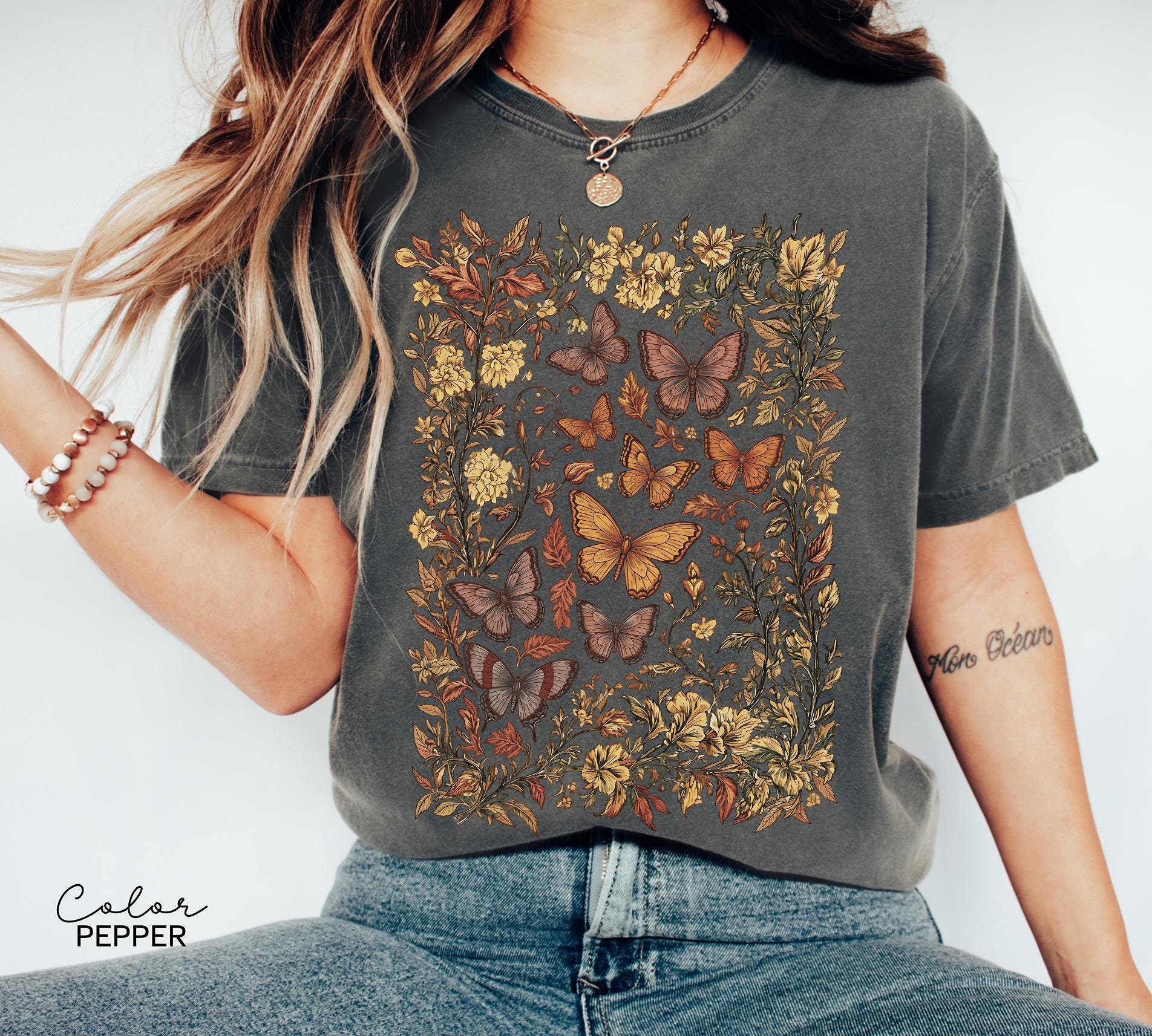 Vintage Pressed Flowers and Butterfly Shirt, Boho Cottagecore Shirt, Botanical Floral Tee Wildflowers Shirt Gift for Gardener Floral Shirt